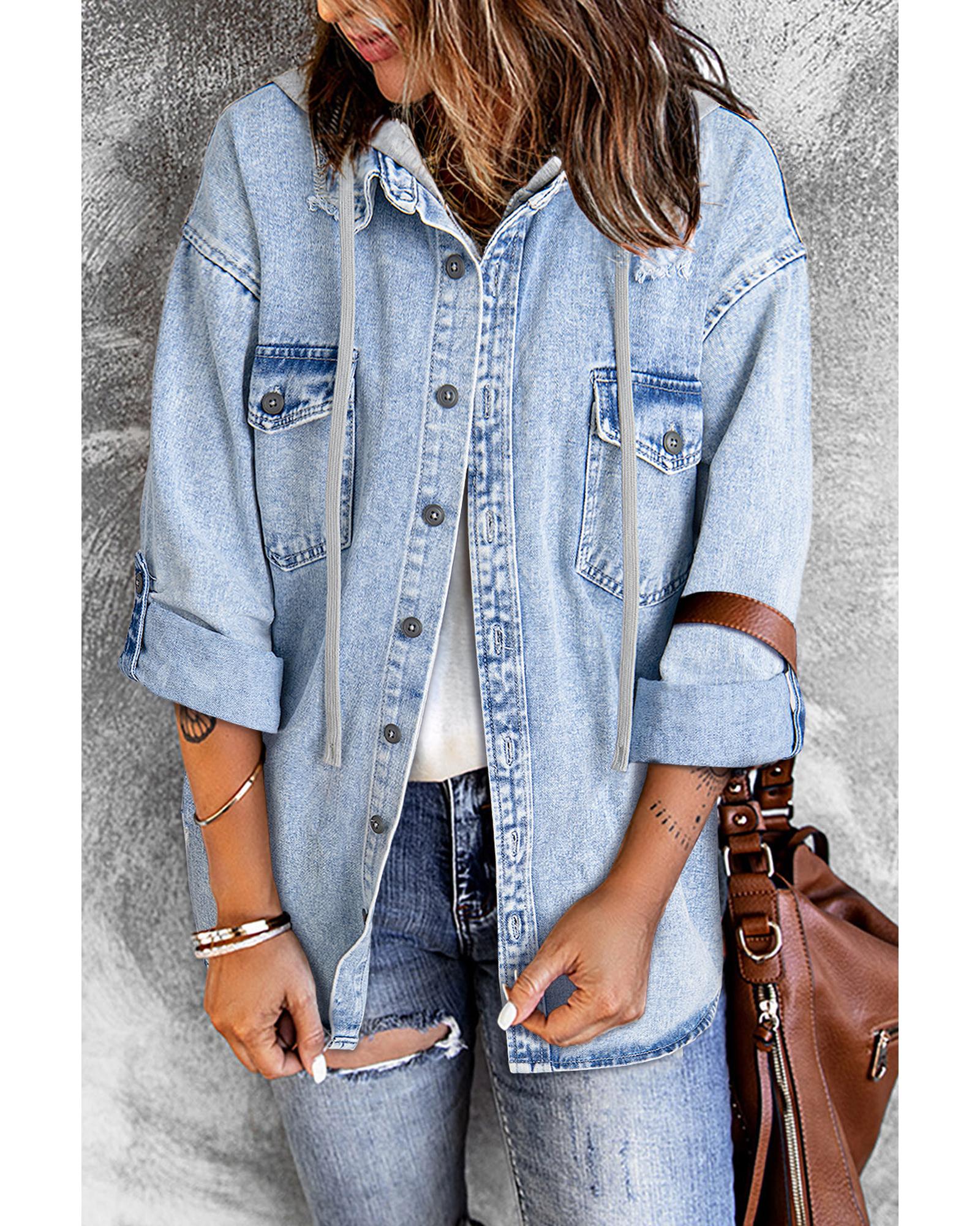 V539-AZEXDC788593-P204-S-202506151235-00 Mist Blue Oversized Contrast Hooded Denim Jacket - S - Image 1