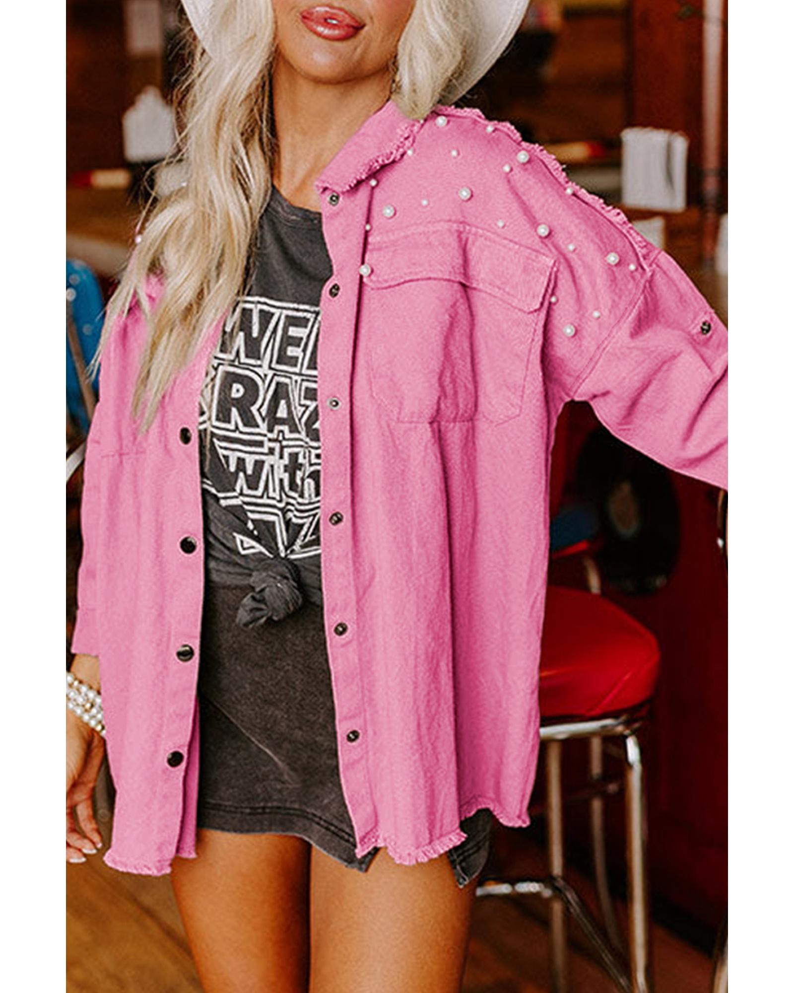 V539-AZEXDC788598-P3010-S-202506151236-00 Bonbon Pearl Beaded Raw Hem Button Up Denim Jacket - S - Image 1