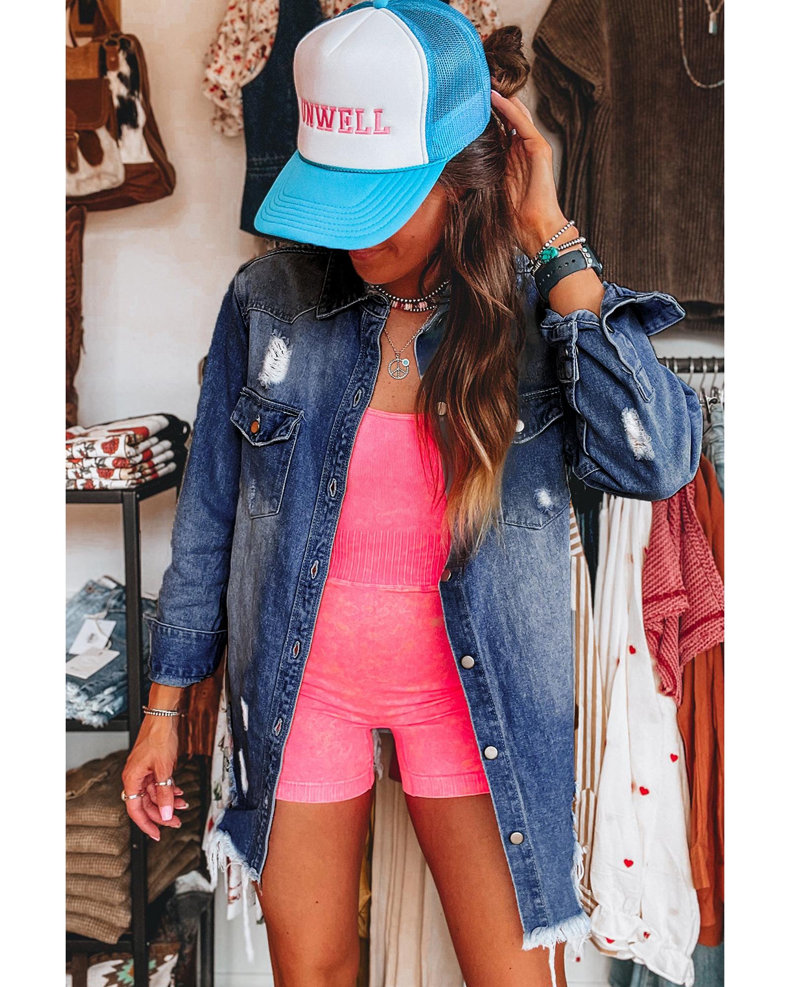 V539-AZEXDC788599-P205-L-202508282135-00 Sky Blue Light Wash Distressed Frayed Long Denim Jacket - L - Image 1