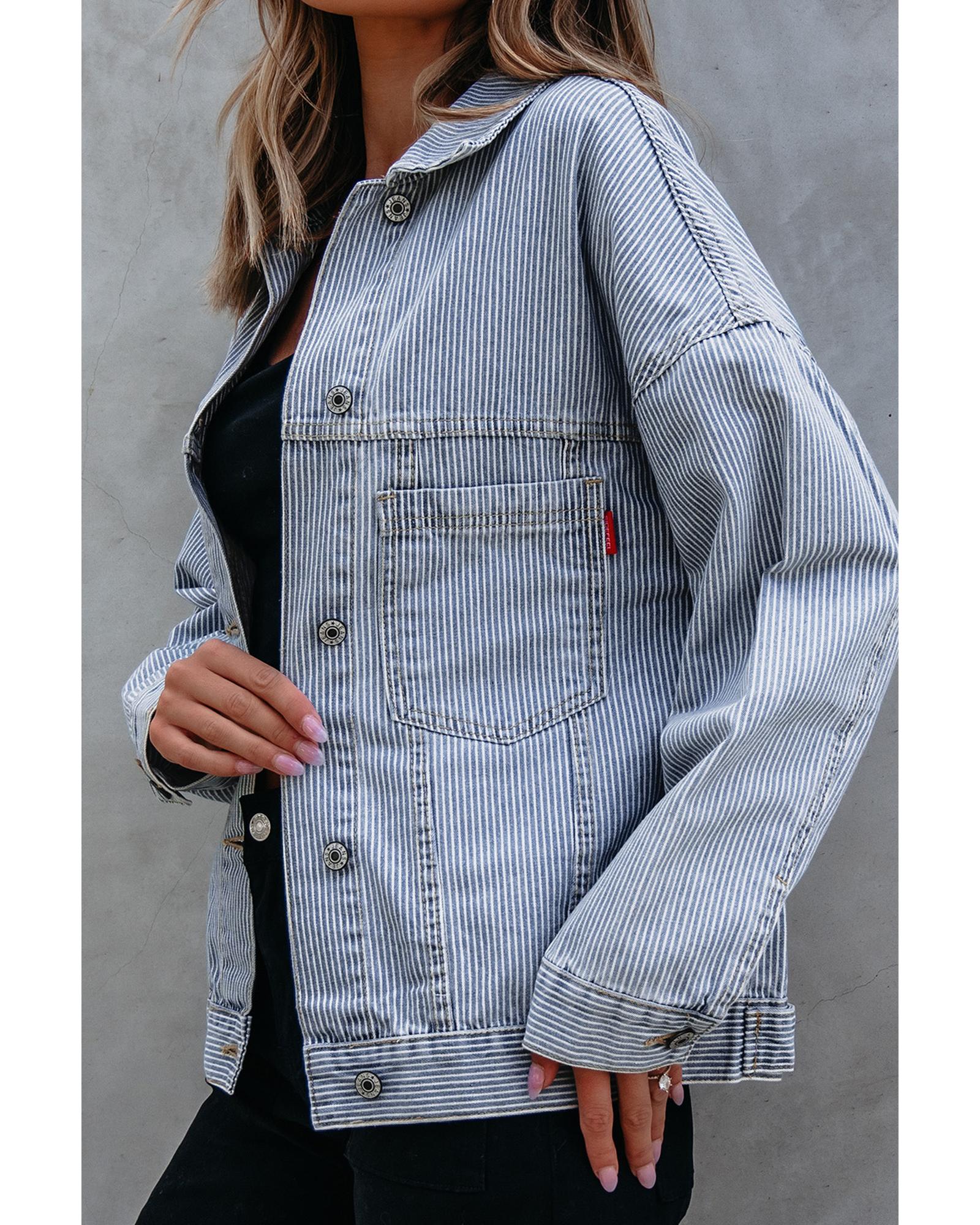 V539-AZEXDC788608-P419-L-202508301935-00 Sky Blue Stripe Washed Oversize Pocketed Denim Jacket - L - Image 1