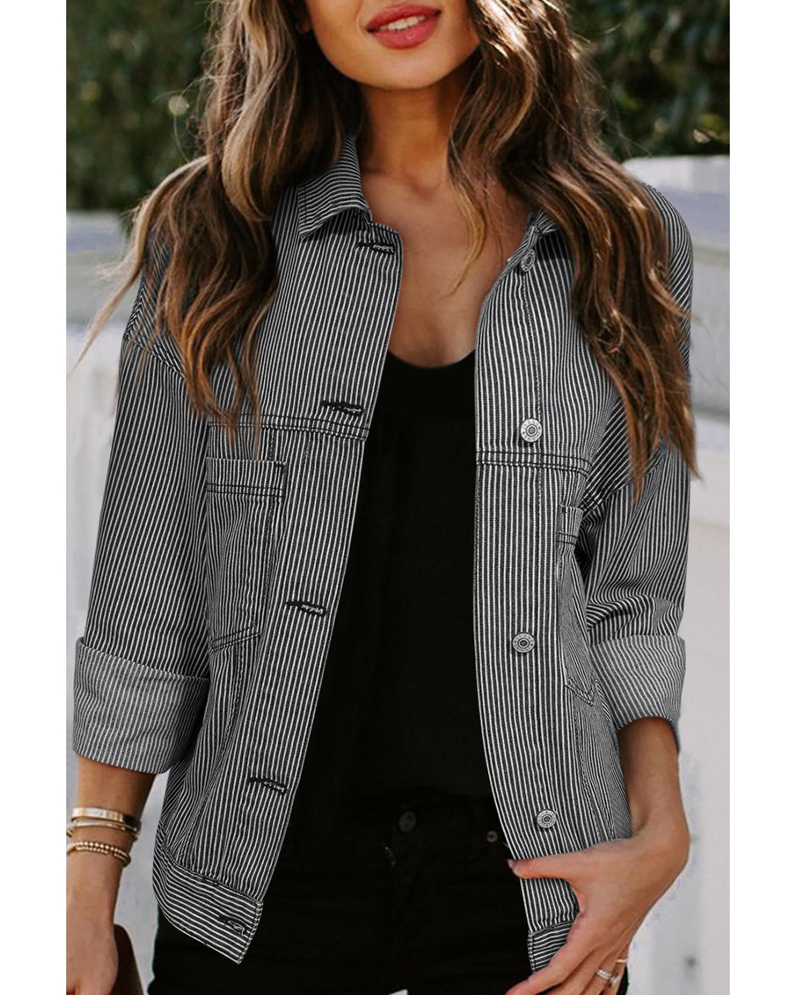 V539-AZEXDC788608-P519-S-202506151315-00 Blue Stripe Washed Oversize Pocketed Denim Jacket - S - Image 1