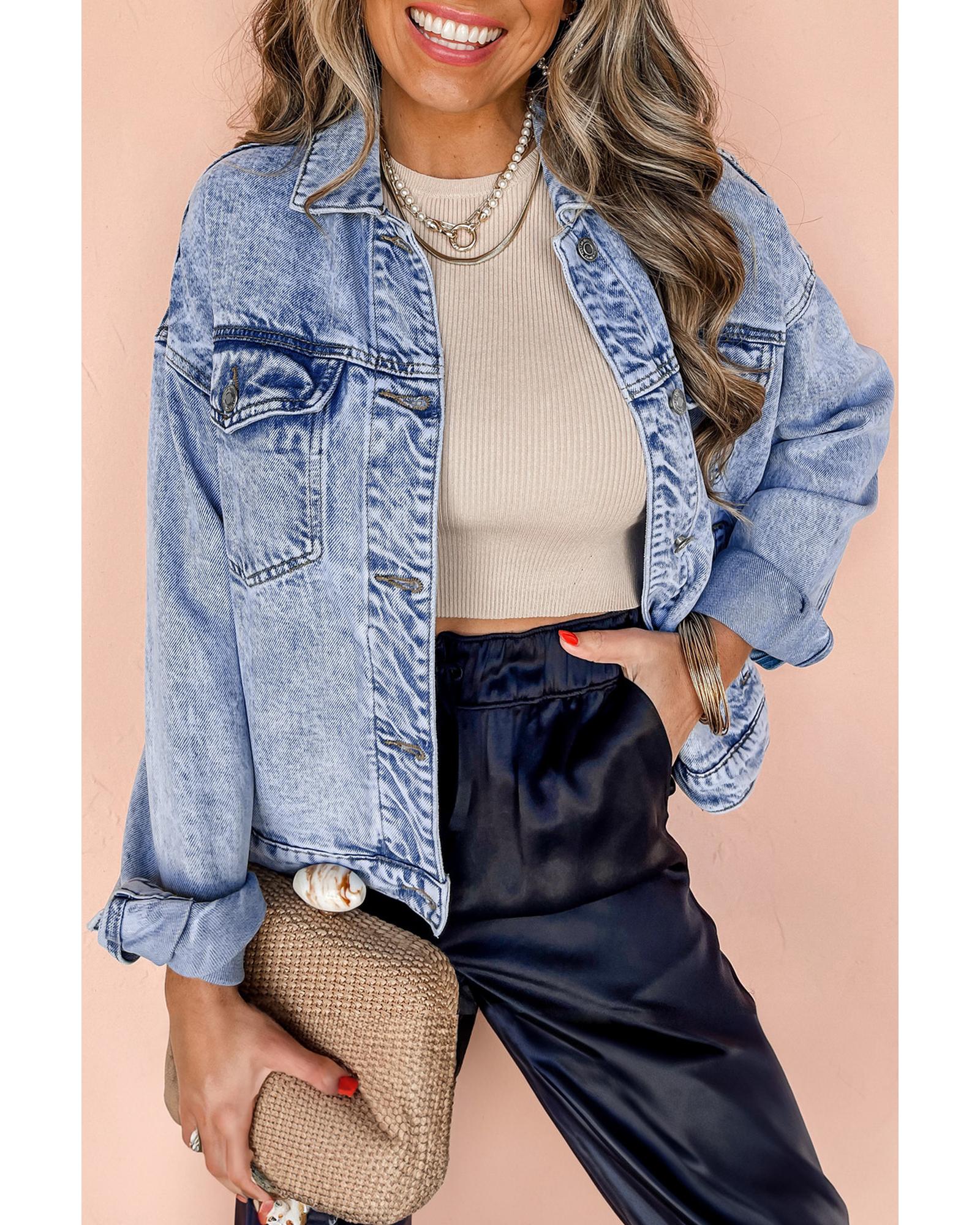 V539-AZEXDC788638-P804-L-202508302340-00 Beau Blue Vintage Washed Flap Pockets Denim Jacket - L - Image 1