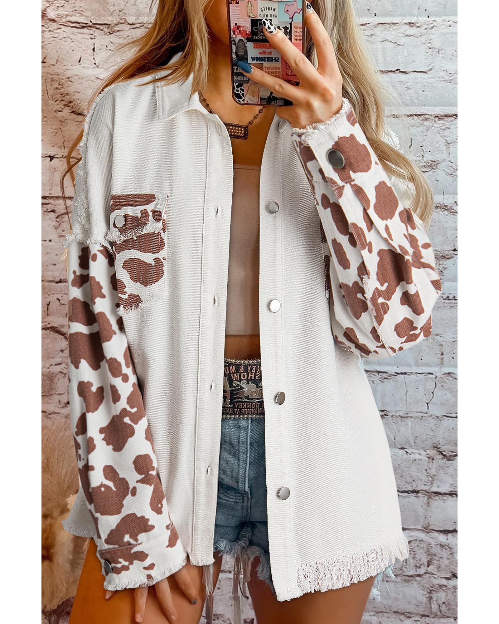 V539-AZEXDC788669-P101-M-202508301845-00 White Cow Spot Patchwork Flap Pocket Distressed Hem Long Denim Jacket - M - Image 1