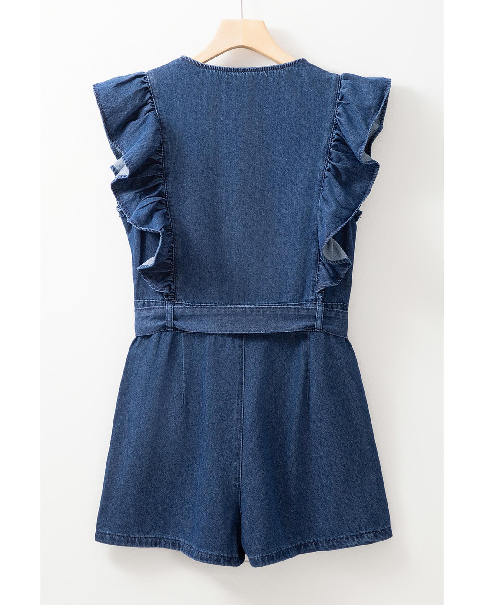 V539-AZEXDC789204-P905-XL-202508301910-00 Sail Blue Denim Ruffled Zipped Front Belted Romper - XL - Image 1