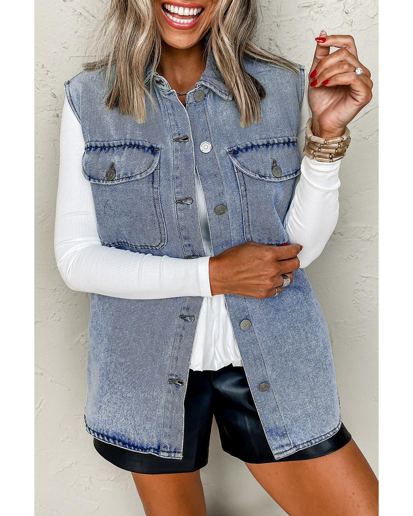 V539-AZEXDC790145-P804-S-202506151410-00 Beau Blue Denim Flap Pocket Curved Hem Shirt Vest - S - Image 1