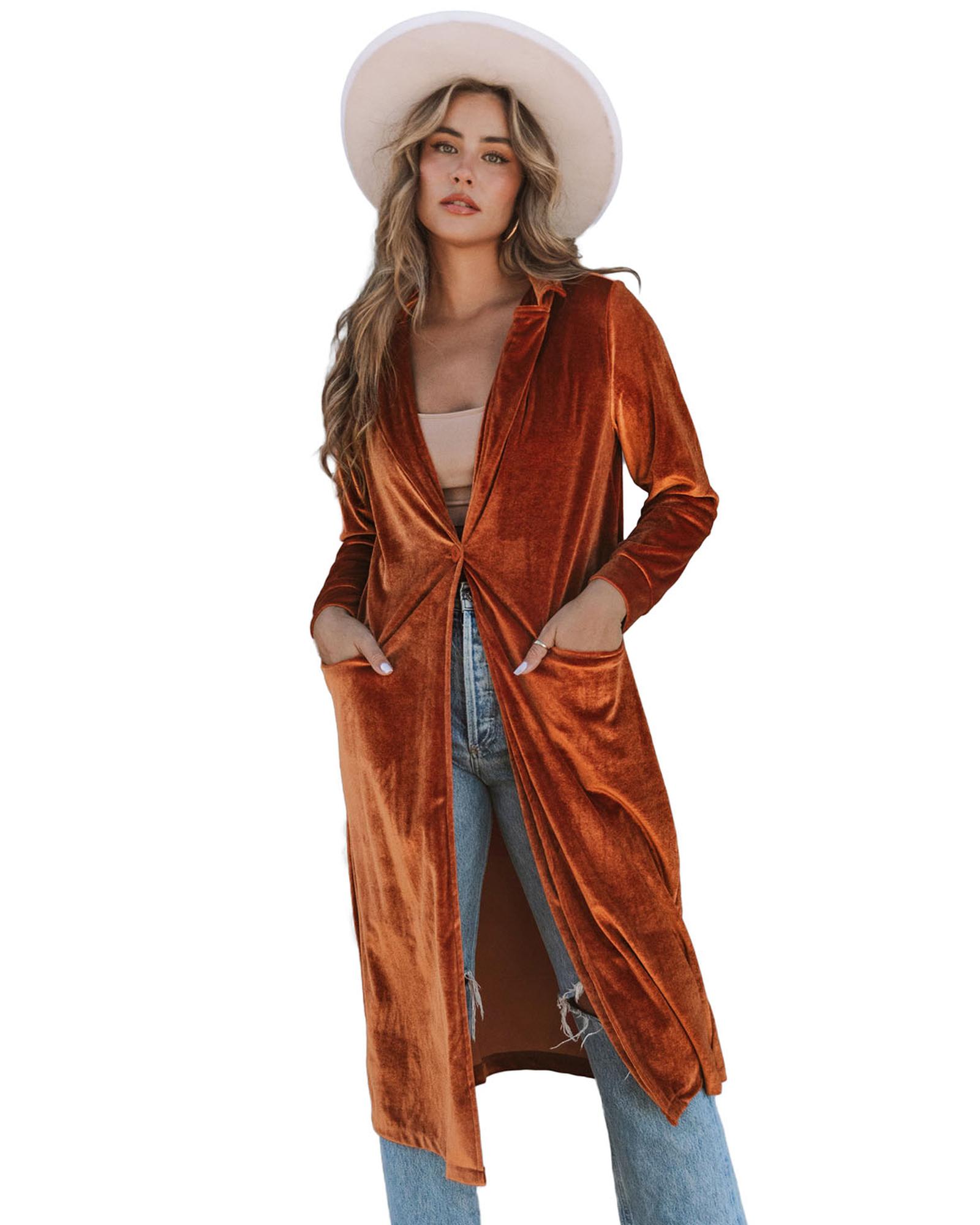 V539-AZEXDC8511092-17-S-202506151412-00 Brown Retro Velvet Long Sleeve Pocket Coat - S - Image 1