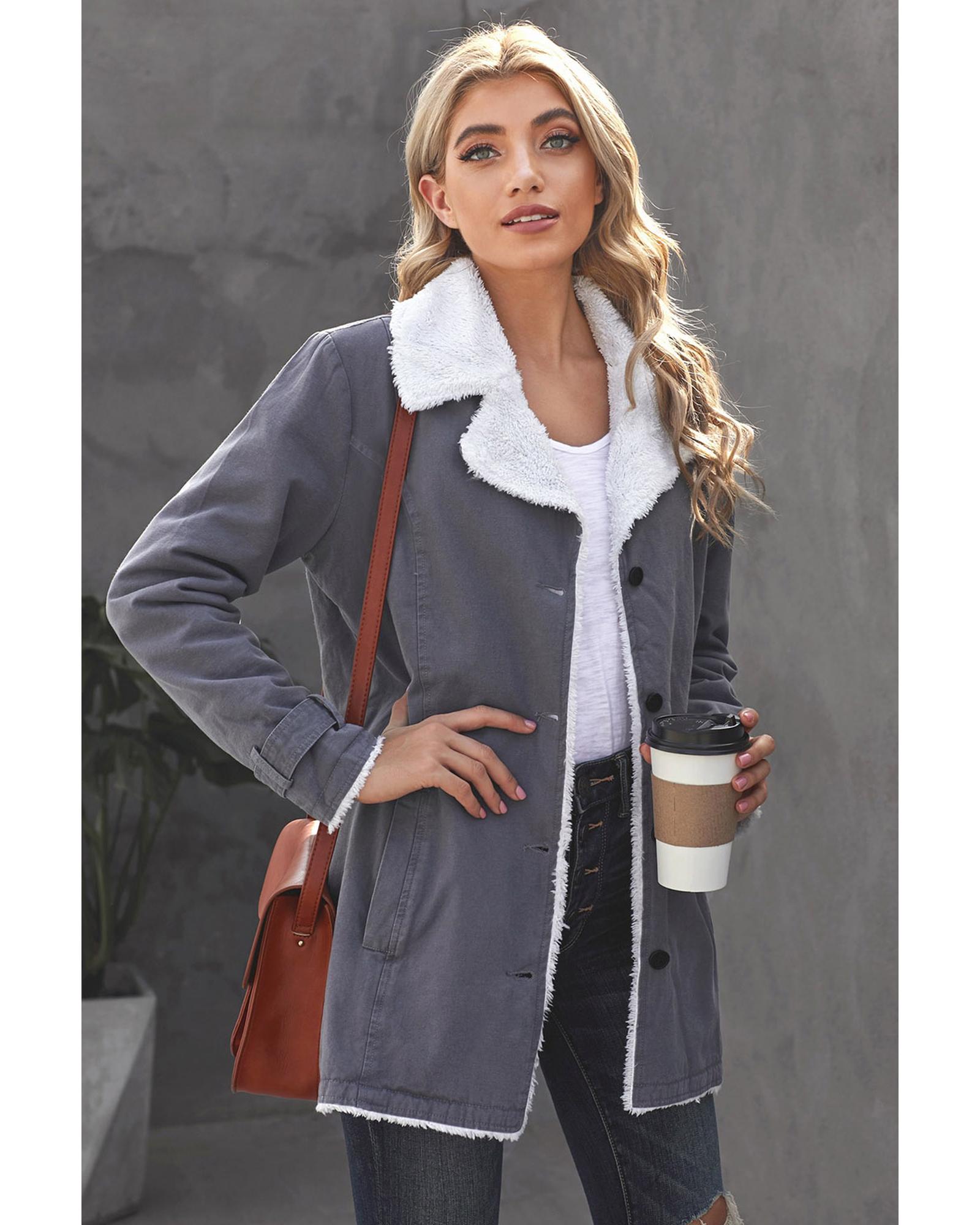 V539-AZEXDC8511336-11-XL-202508301140-00 Gray Lapel Collar Button Fleece Jacket - XL - Image 1