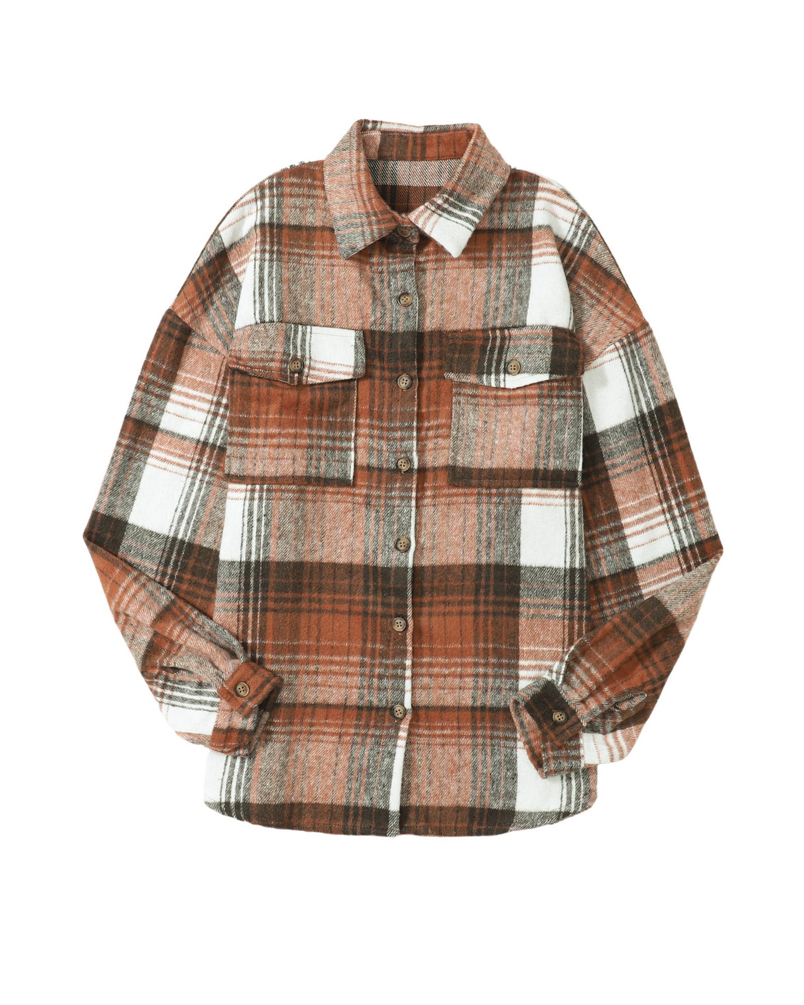 V539-AZEXDC8511948-P5014-S-202506151445-00 Brown Plaid Flap Pockets Shacket - S - Image 1
