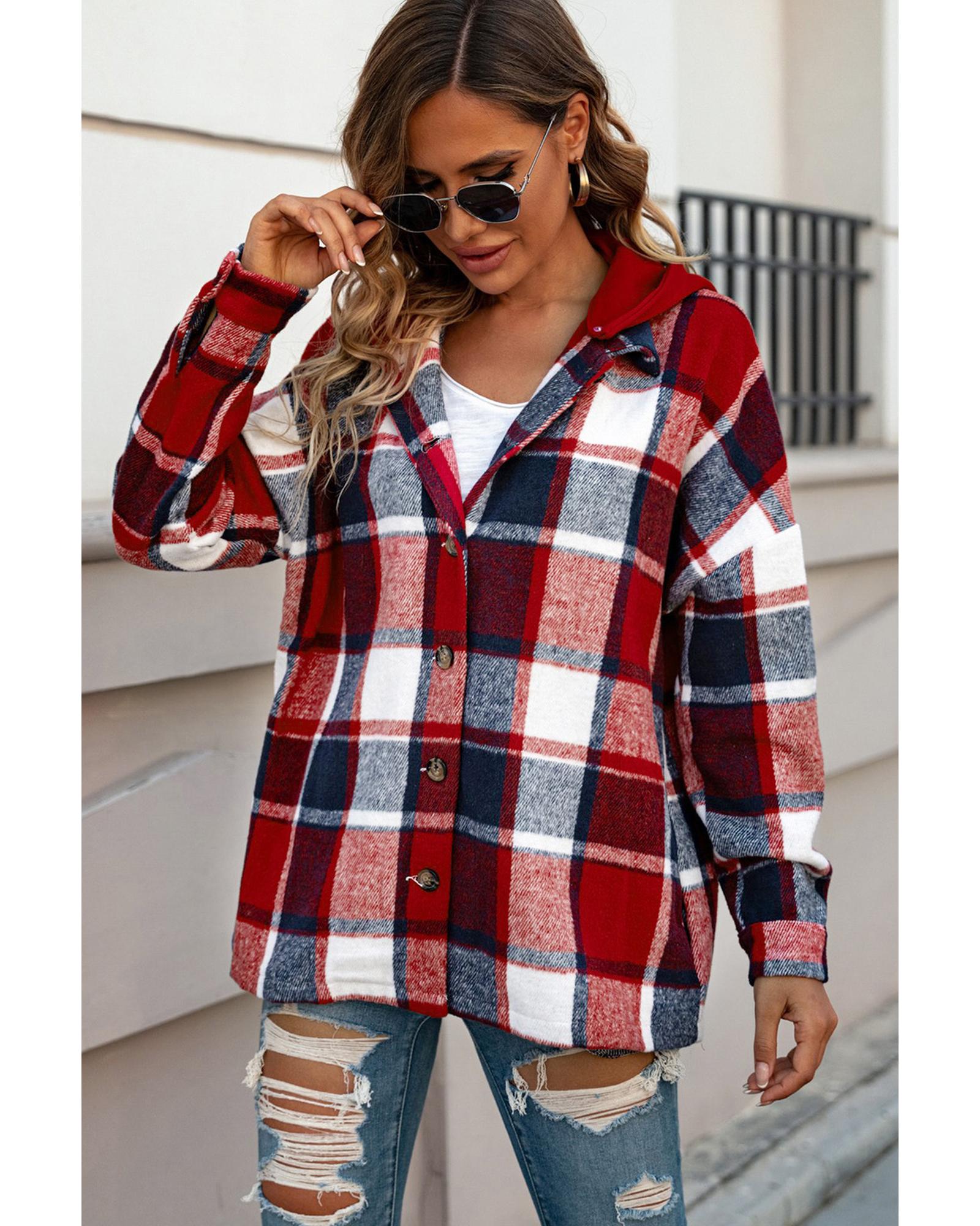 V539-AZEXDC8512507-3-S-202508281440-00 Azura Exchange Red Hooded Plaid Button Front Shacket - S - Image 1