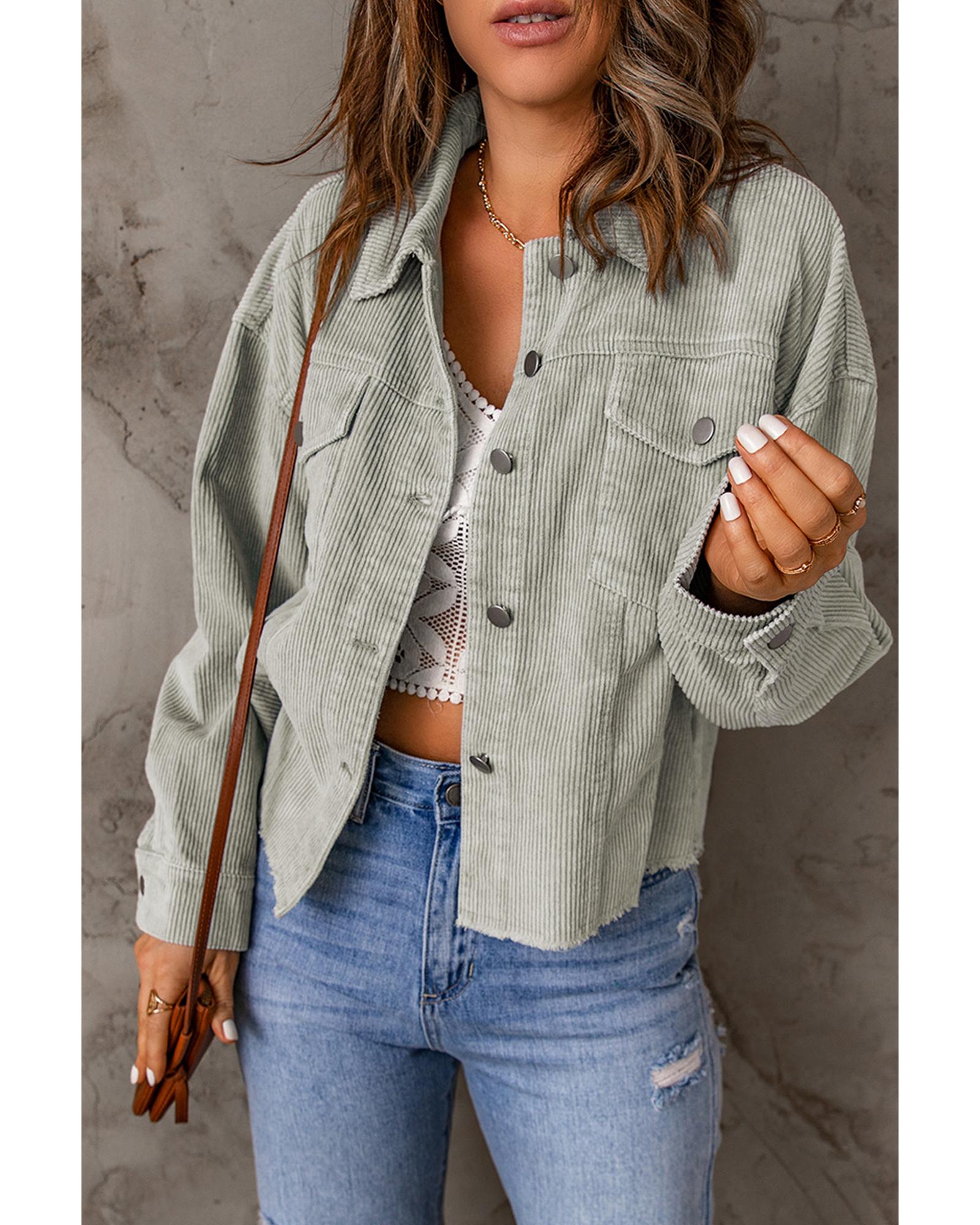 V539-AZEXDC8512634-4-M-202508300030-00 Sky Blue Raw Hem Flap Pockets Cropped Corduroy Jacket - M - Image 1