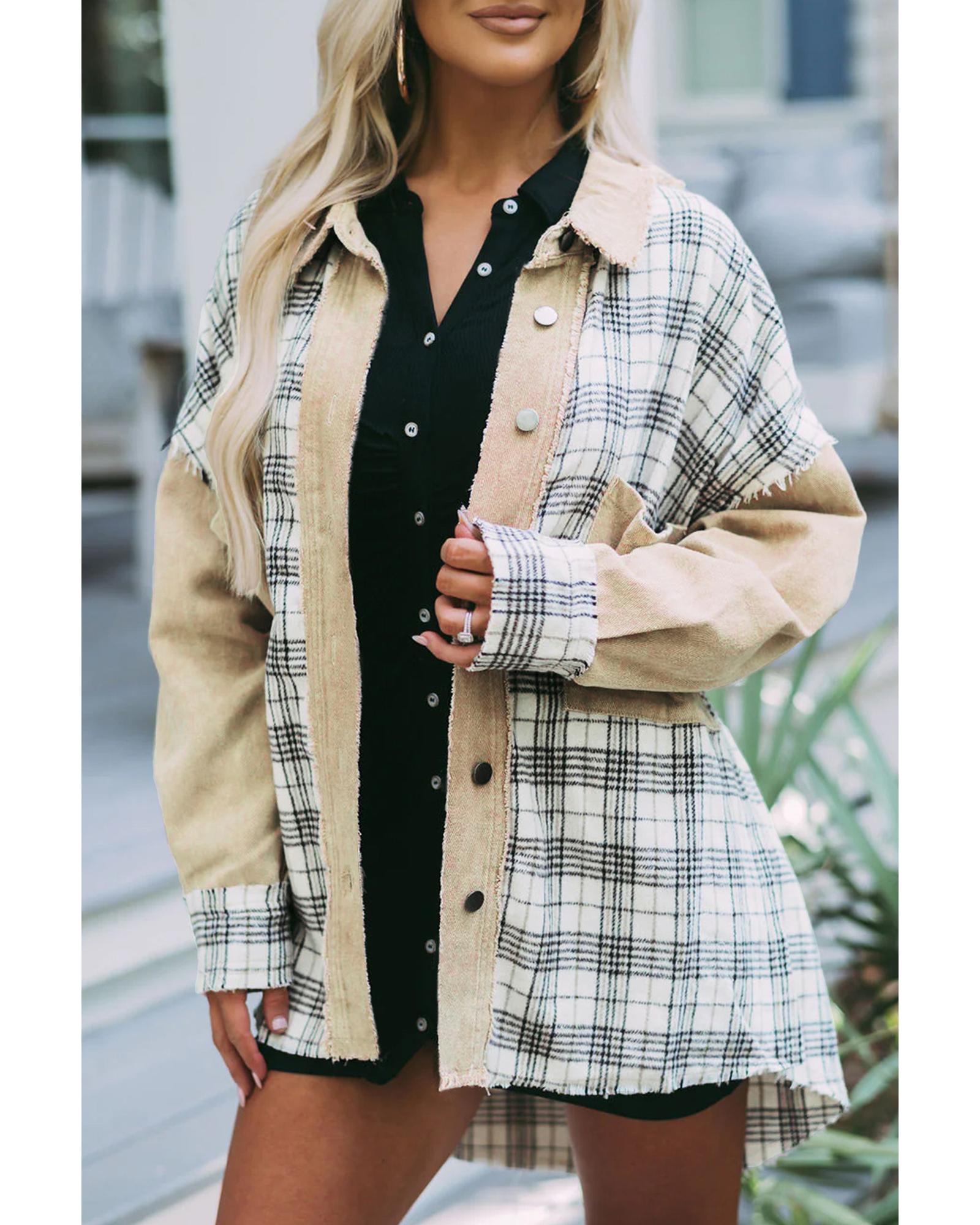V539-AZEXDC8512742-16-L-202506151547-00 Khaki Distressed Raw Edge Plaid Patchwork Denim Jacket - L - Image 1