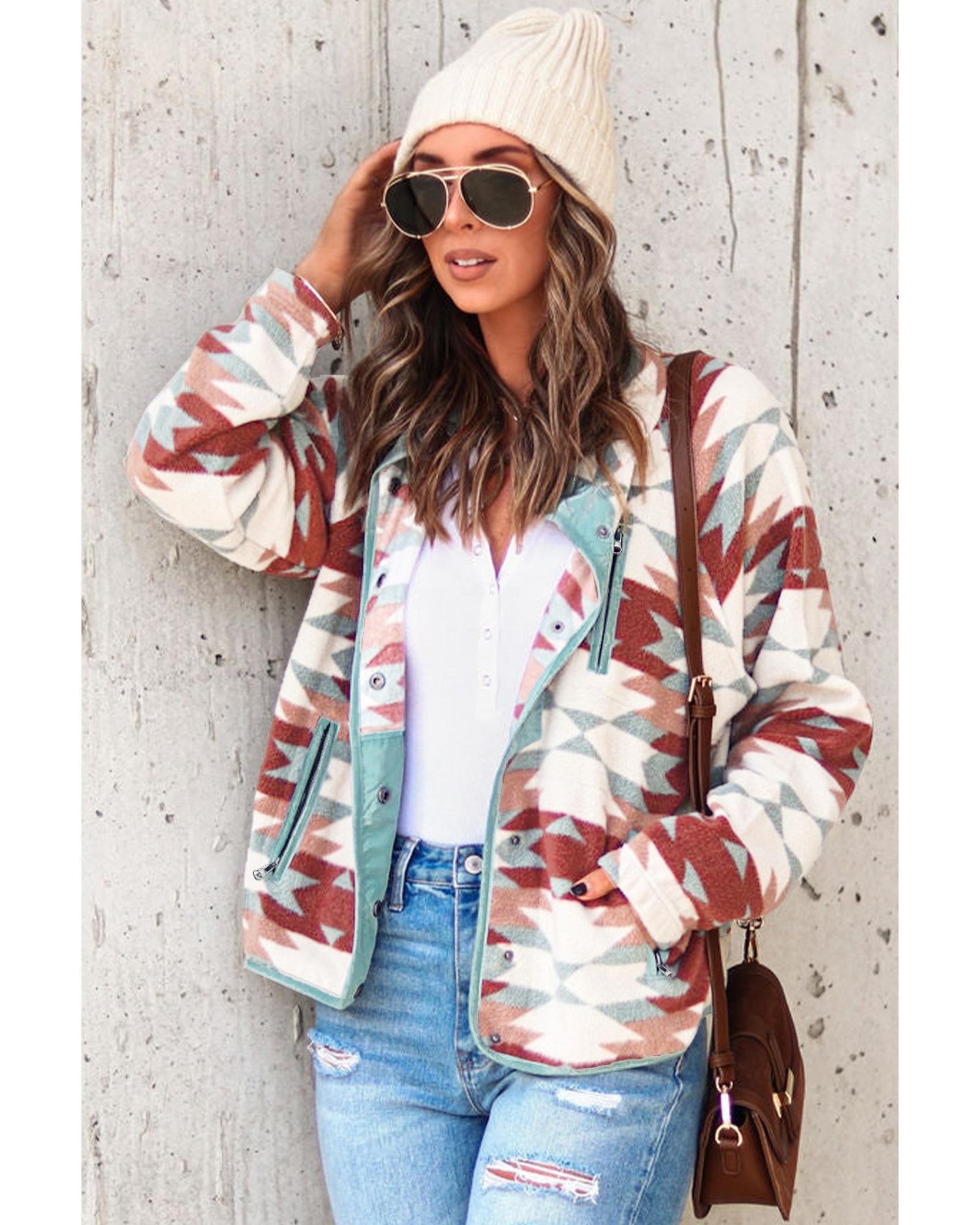 V539-AZEXDC8512850-3-S-202506151626-00 Azura Exchange Red Western Aztec Buttoned Zipper Pockets Fleece Jacket - S - Image 1