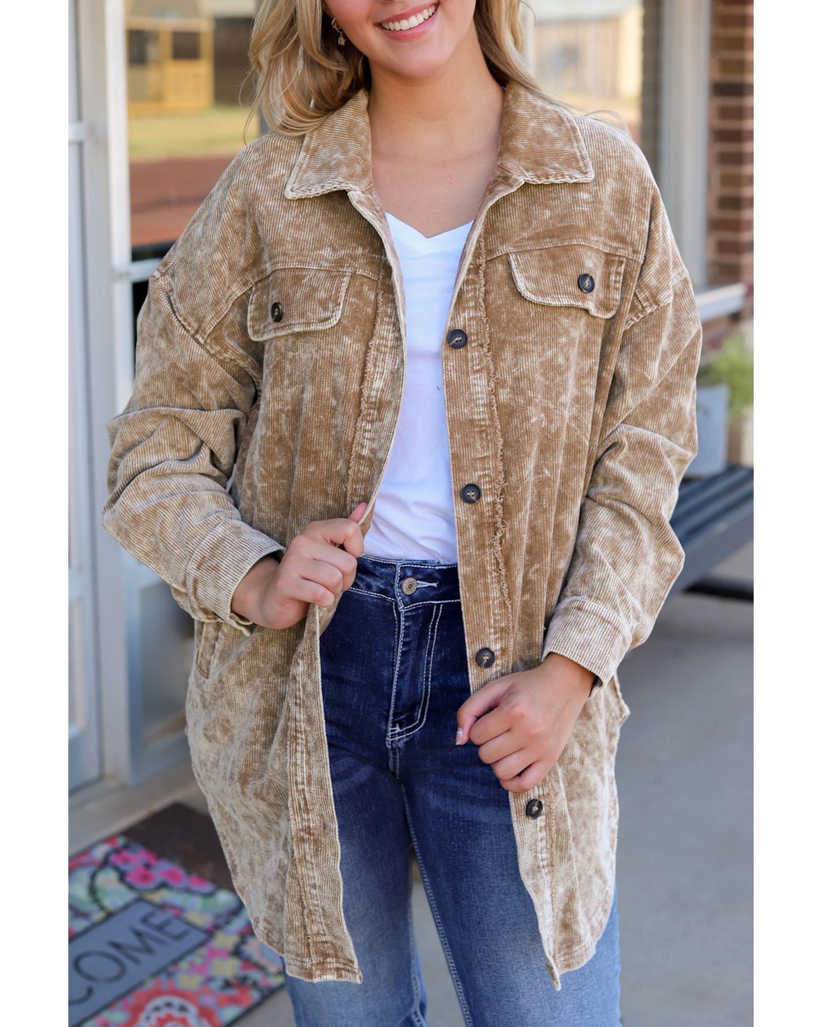 V539-AZEXDC8512871-16-XL-202508301725-00 Khaki Vintage Distressed Mineral Wash Oversized Shacket - XL - Image 1