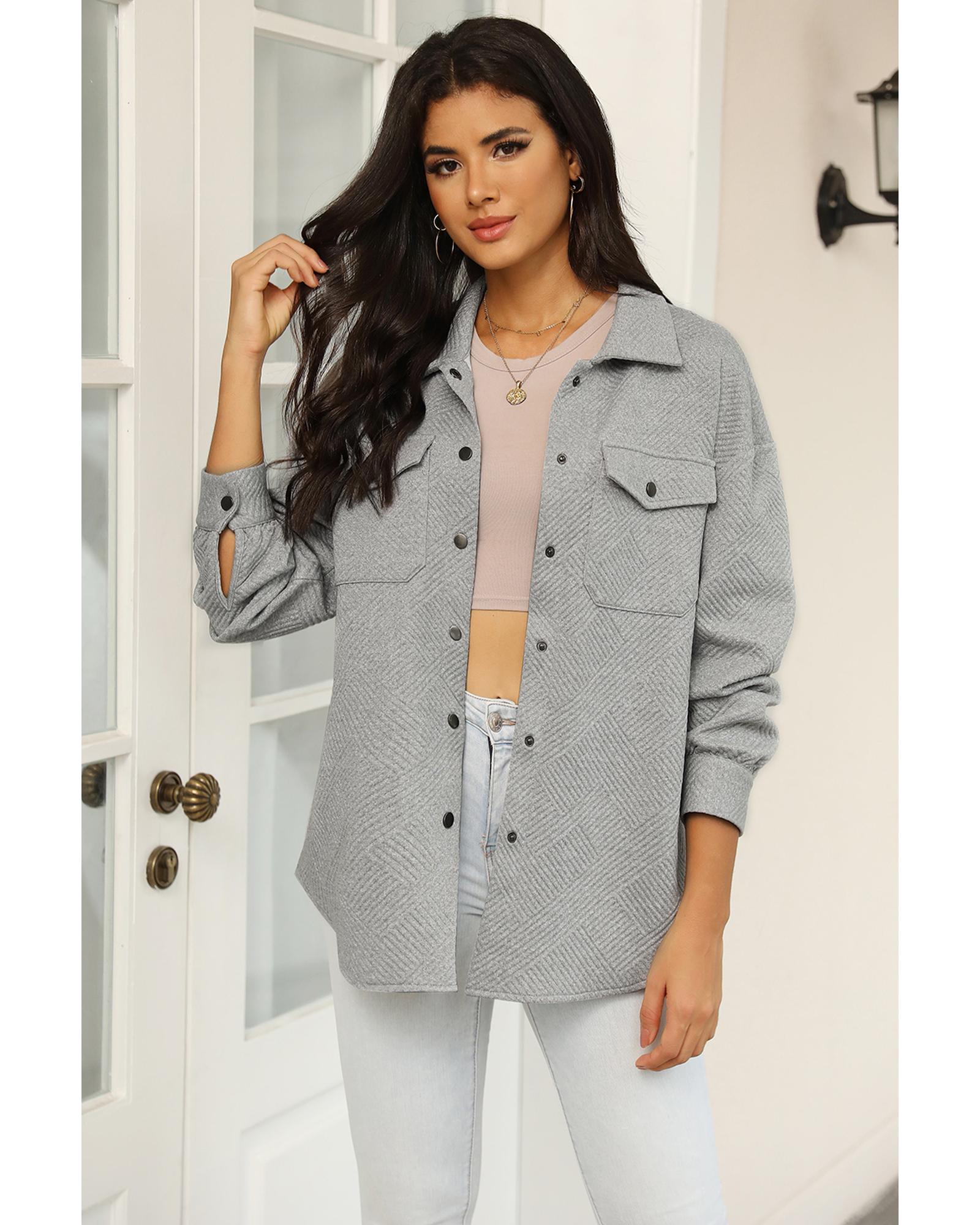 V539-AZEXDC8512943-11-L-202508301235-00 Gray Solid Textured Flap Pocket Buttoned Shacket - L - Image 1