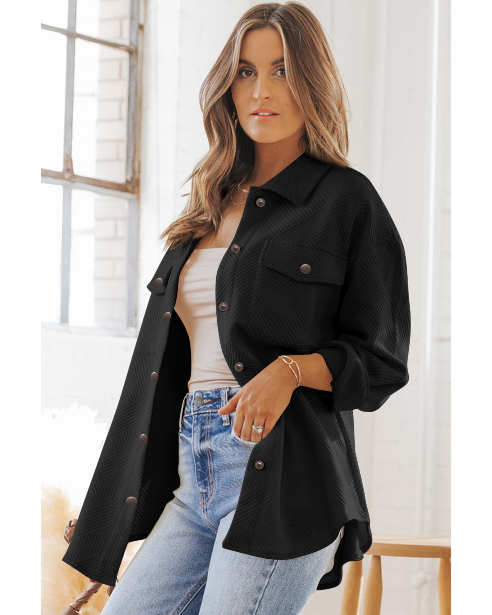 V539-AZEXDC8512943-2-M-202508310100-00 Black Solid Textured Flap Pocket Buttoned Shacket - M - Image 1