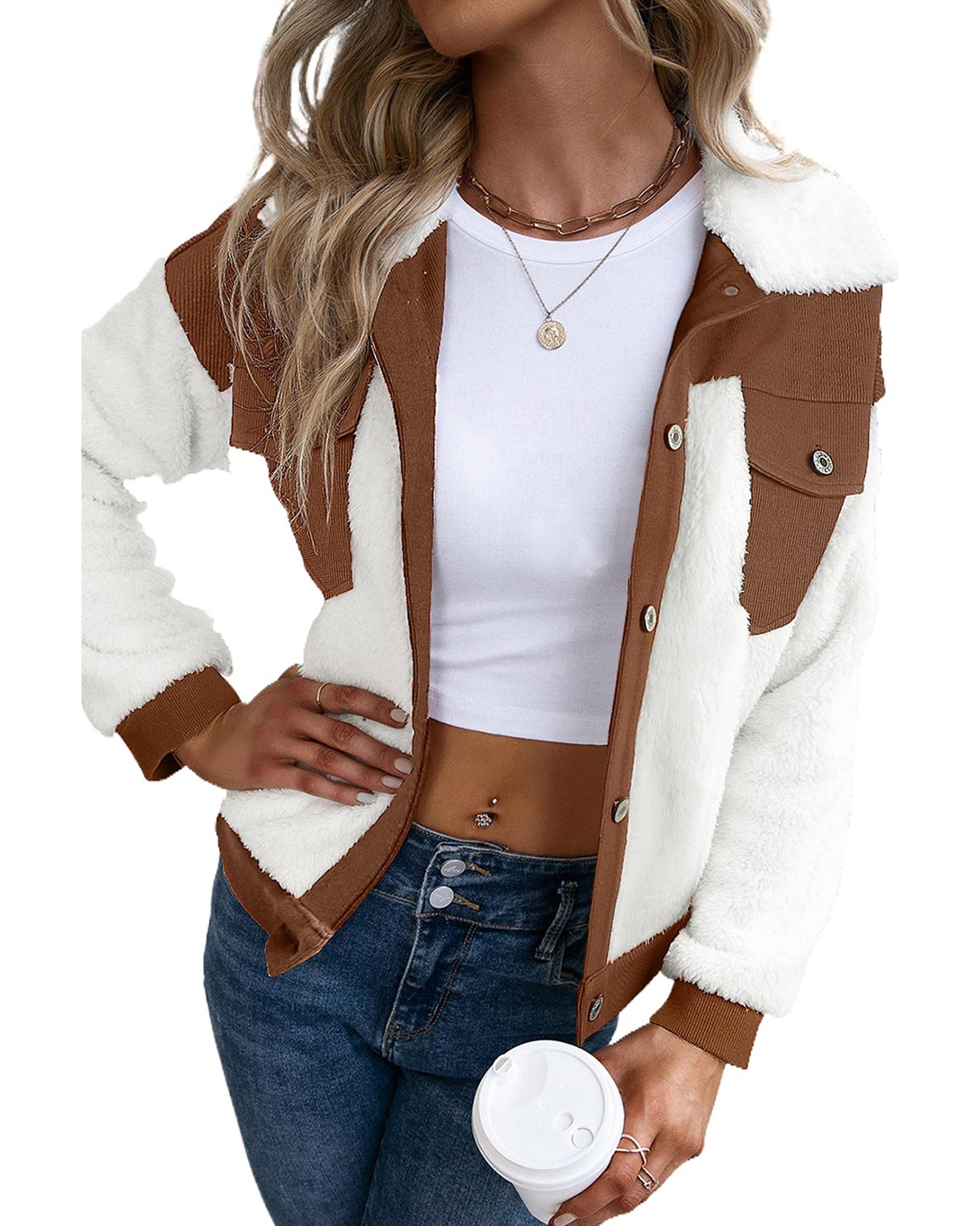 V539-AZEXDC8513049-P2017-S-202508302105-00 Chestnut Corduroy Color Block Contrast Patchwork Fuzzy Jacket - S - Image 1