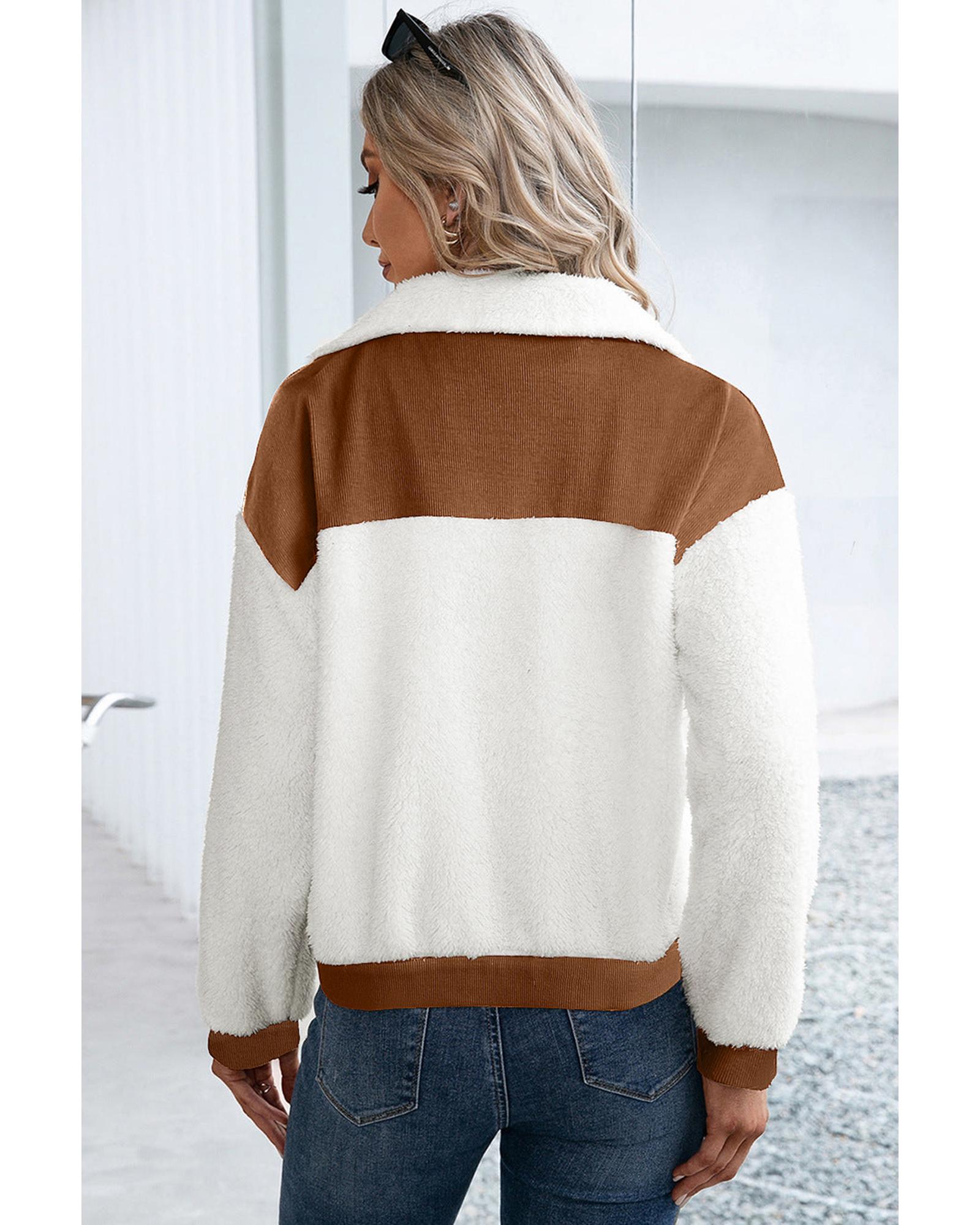 V539-AZEXDC8513049-P2017-XL-202508302120-00 Chestnut Corduroy Color Block Contrast Patchwork Fuzzy Jacket - XL - Image 1