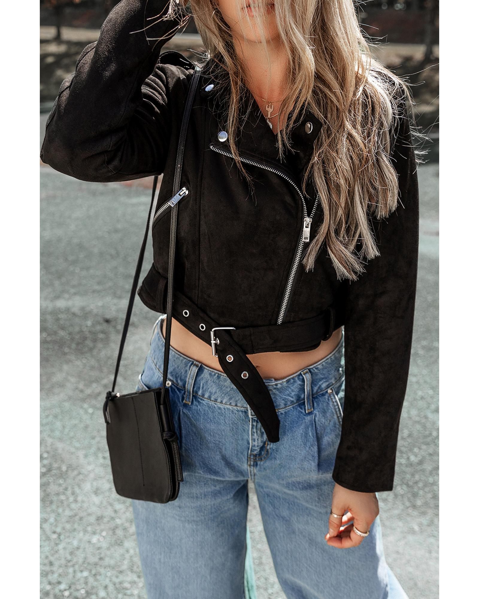 V539-AZEXDC8513213-P2-L-202506151653-00 Black Asymmetric Zipper Belted Hem Jacket - L - Image 1