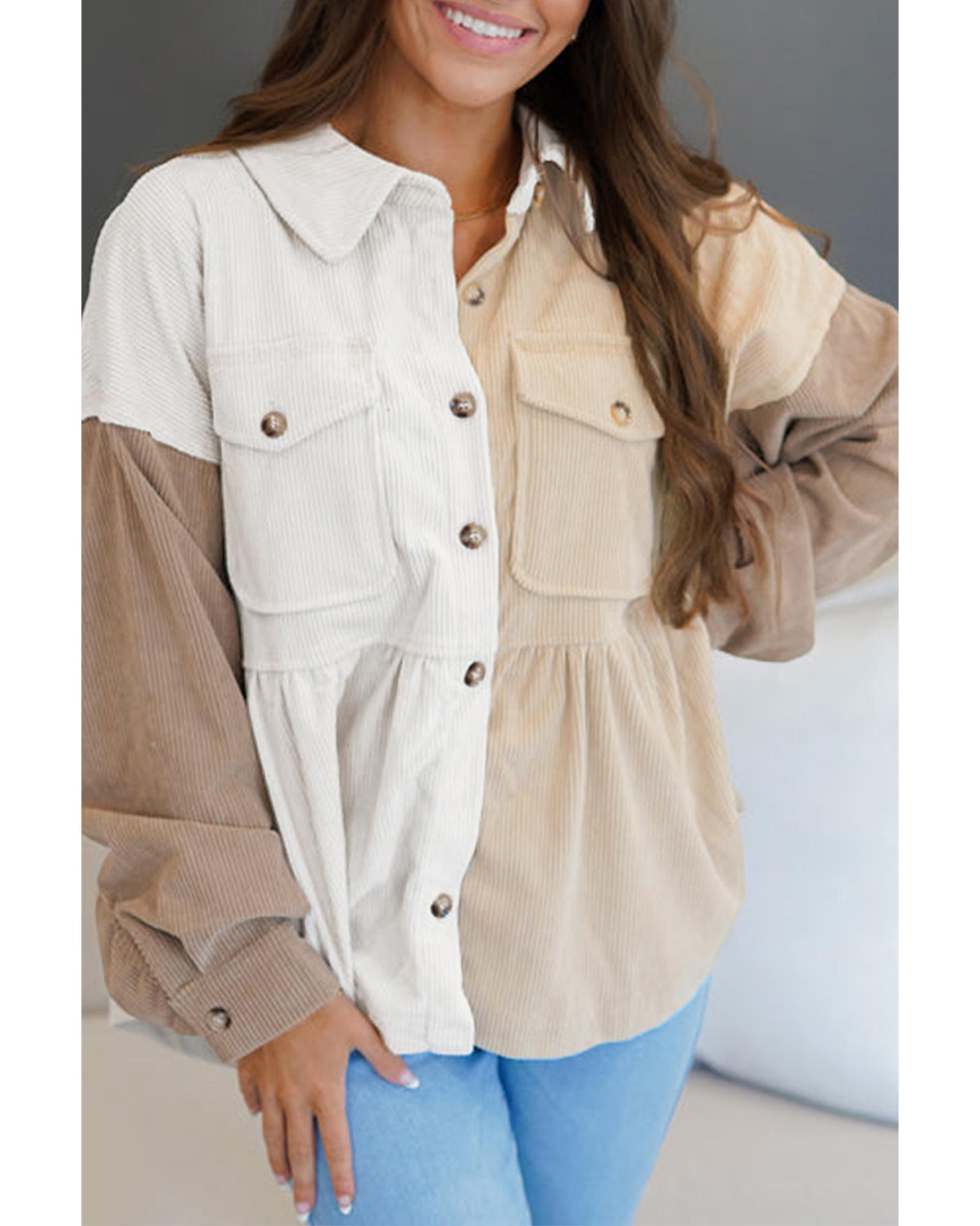 V539-AZEXDC8513217-P1622-L-202506151710-00 Khaki Corduroy Colorblock Button up Loose Shacket - L - Image 1