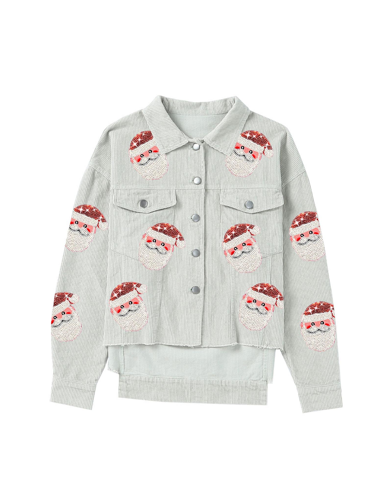 V539-AZEXDC8513218-4-L-202508302205-00 Sky Blue Sequined Santa Claus Flap Pocket Corduroy Jacket - L - Image 1