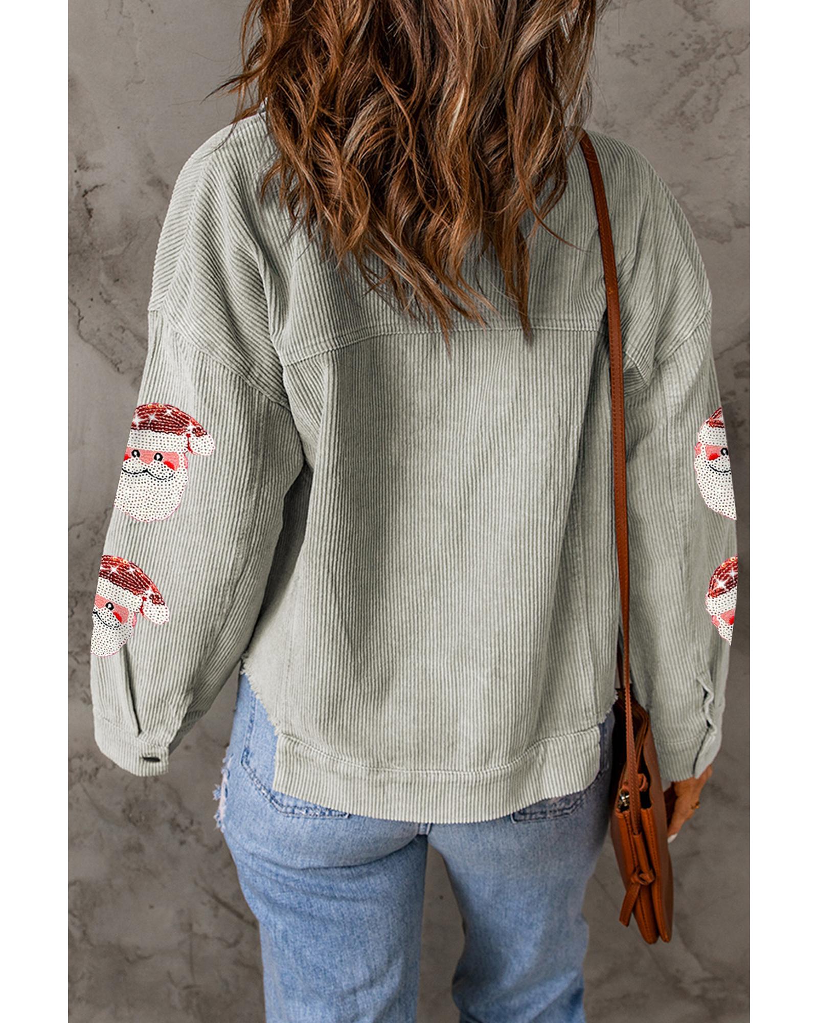 V539-AZEXDC8513218-4-M-202508302255-00 Sky Blue Sequined Santa Claus Flap Pocket Corduroy Jacket - M - Image 1