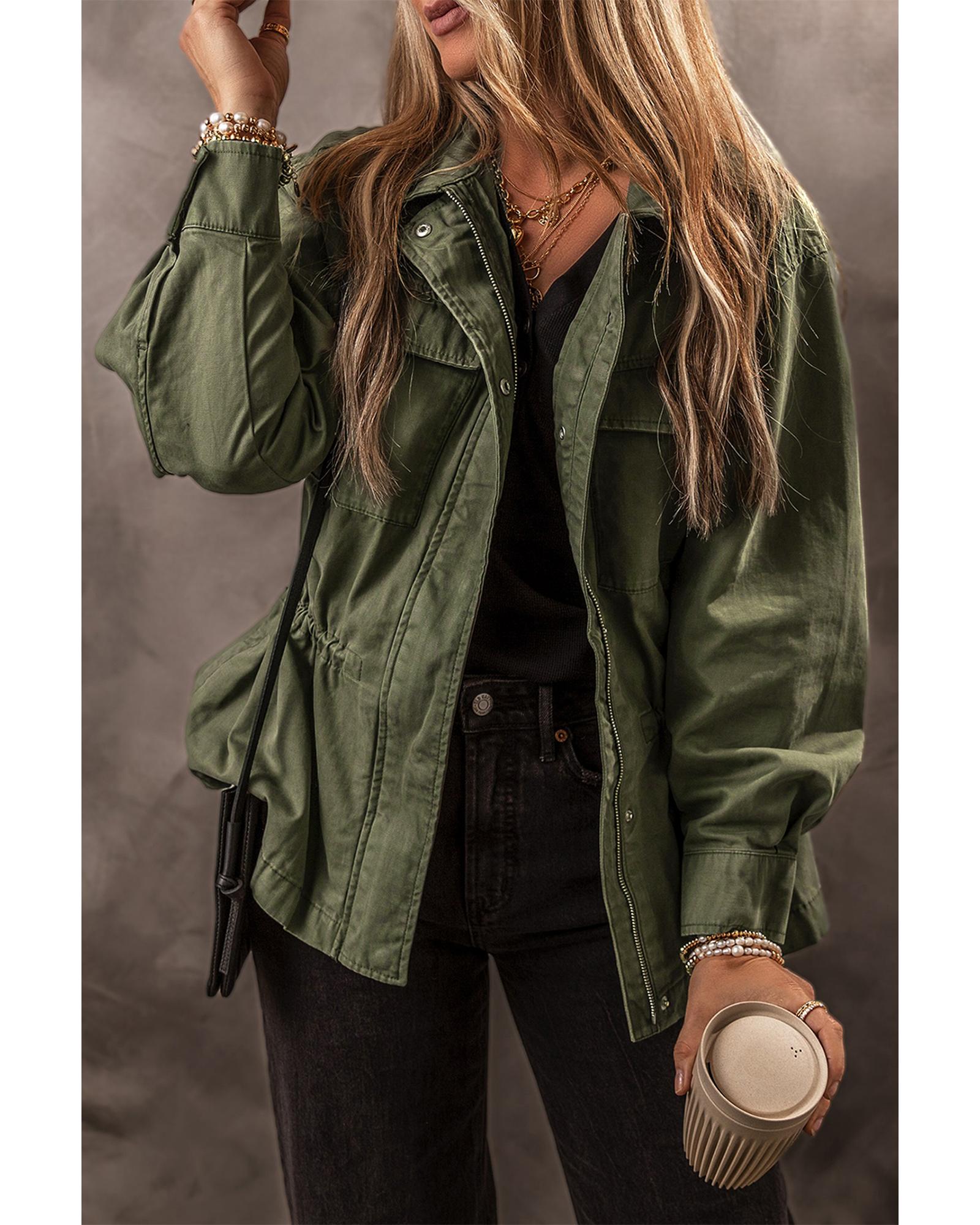 V539-AZEXDC8513314-P1609-XL-202508300745-00 Moss Green Snap Button Zipper Tight Waist Collared Jacket - XL - Image 1