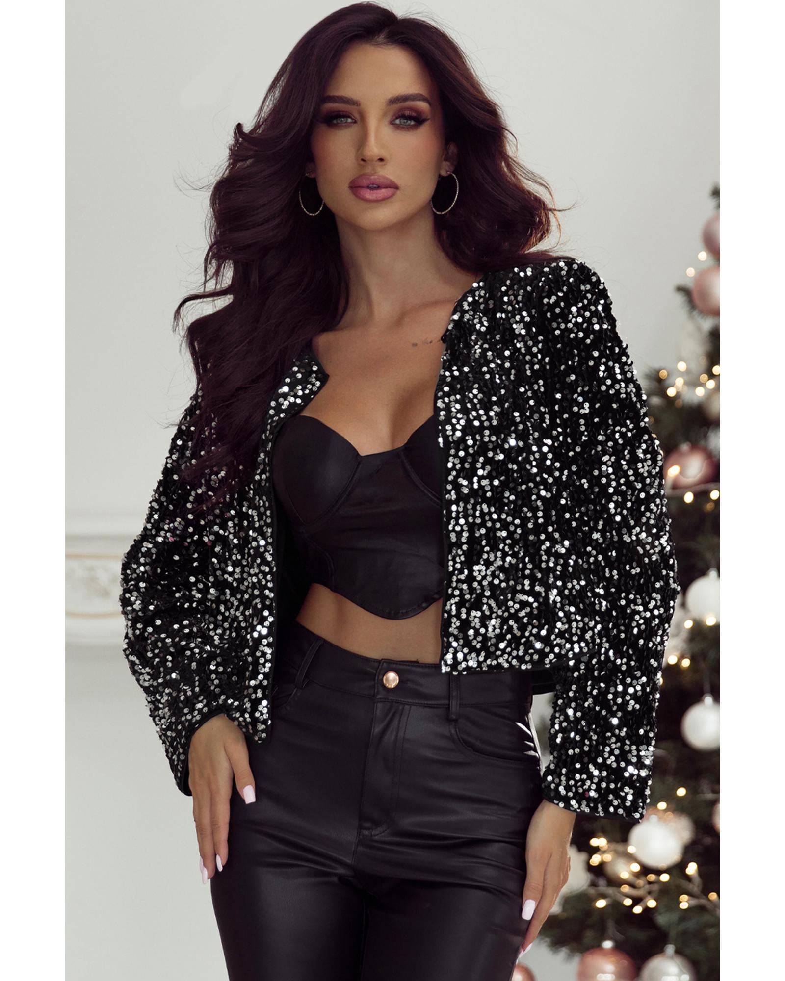 V539-AZEXDC8513325-P2-M-202508281630-00 Black Sequined Open Front Cropped Jacket - M - Image 1