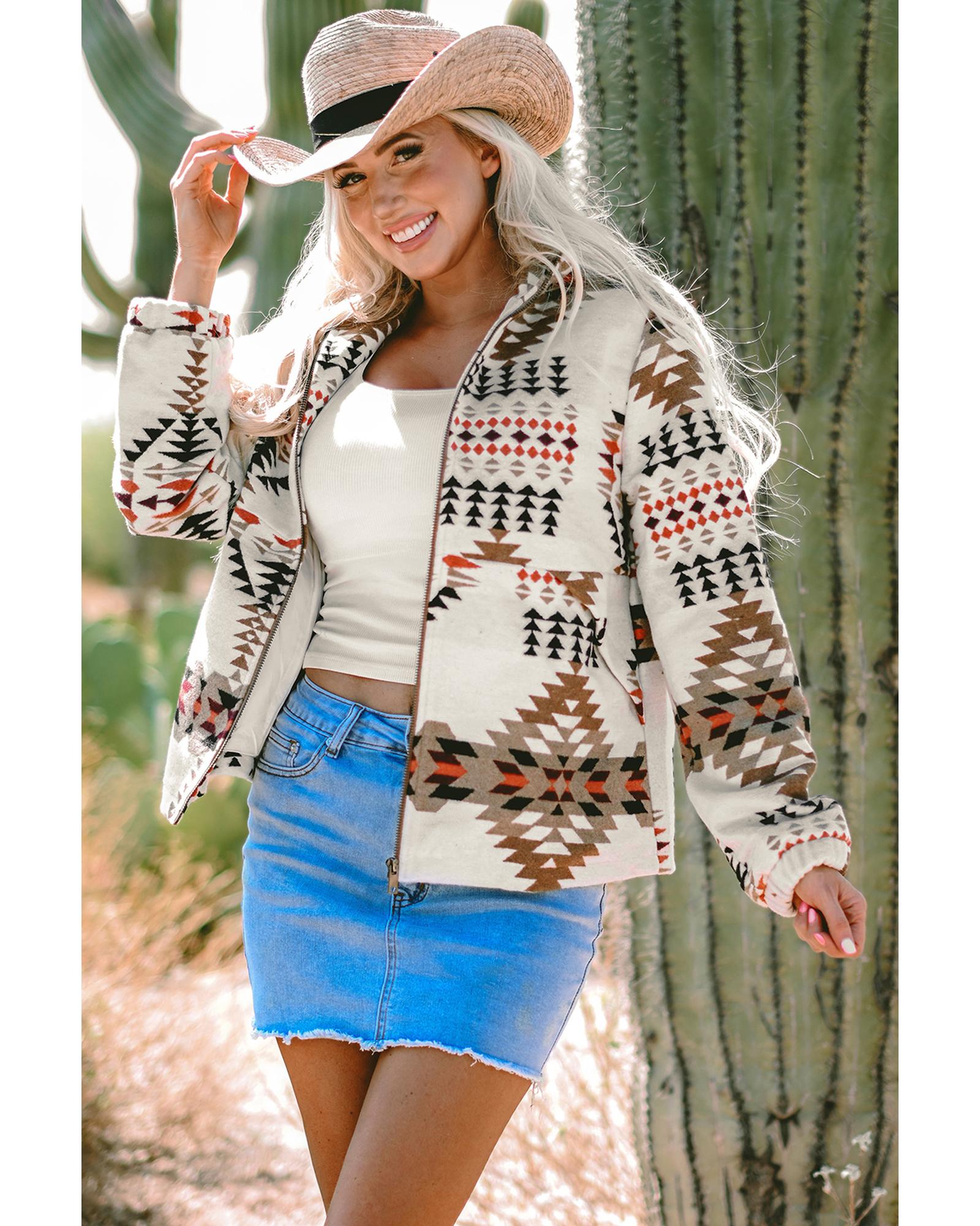 V539-AZEXDC8513353-P15-M-202508281730-00 Beige Aztec Printed Stand Neck Zip Up Jacket - M - Image 1