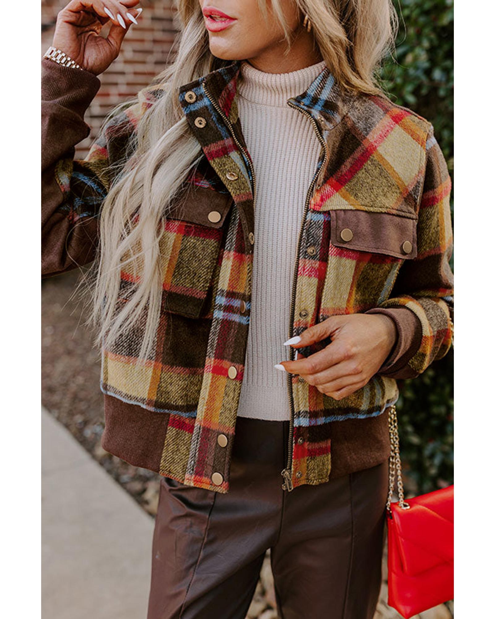 V539-AZEXDC8513380-P1722-S-202506151540-00 Brown Plaid Print Chest Pockets Button Zipper Stand Neck Jacket - S - Image 1