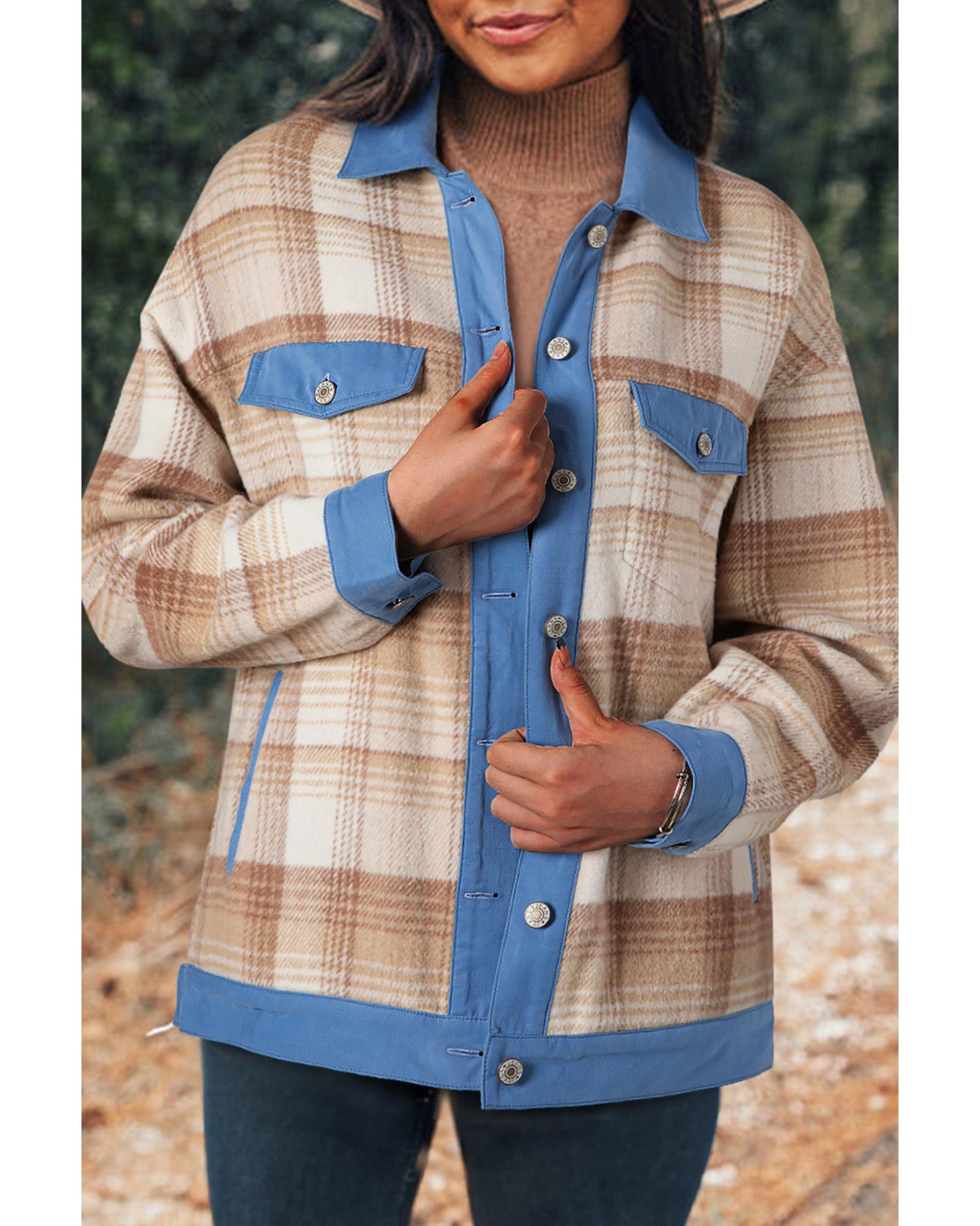 V539-AZEXDC8513387-P4016-S-202506151554-00 Light French Beige Plaid Patchwork Flap Detail Button Up Shacket - S - Image 1