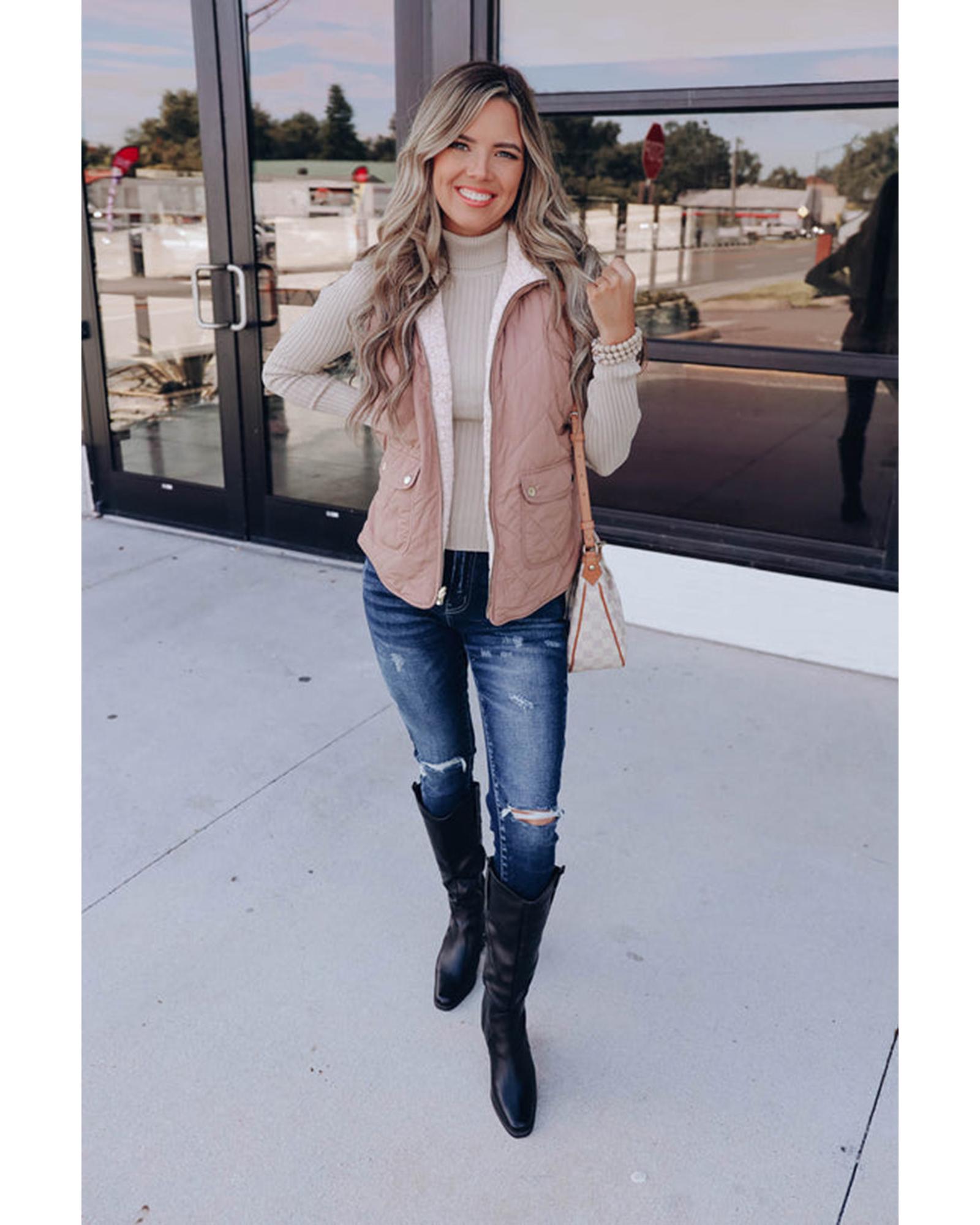 V539-AZEXDC853272-P7016-M-202508301705-00 Pink Fleece Lined Quilted Vest Coats - M - Image 1