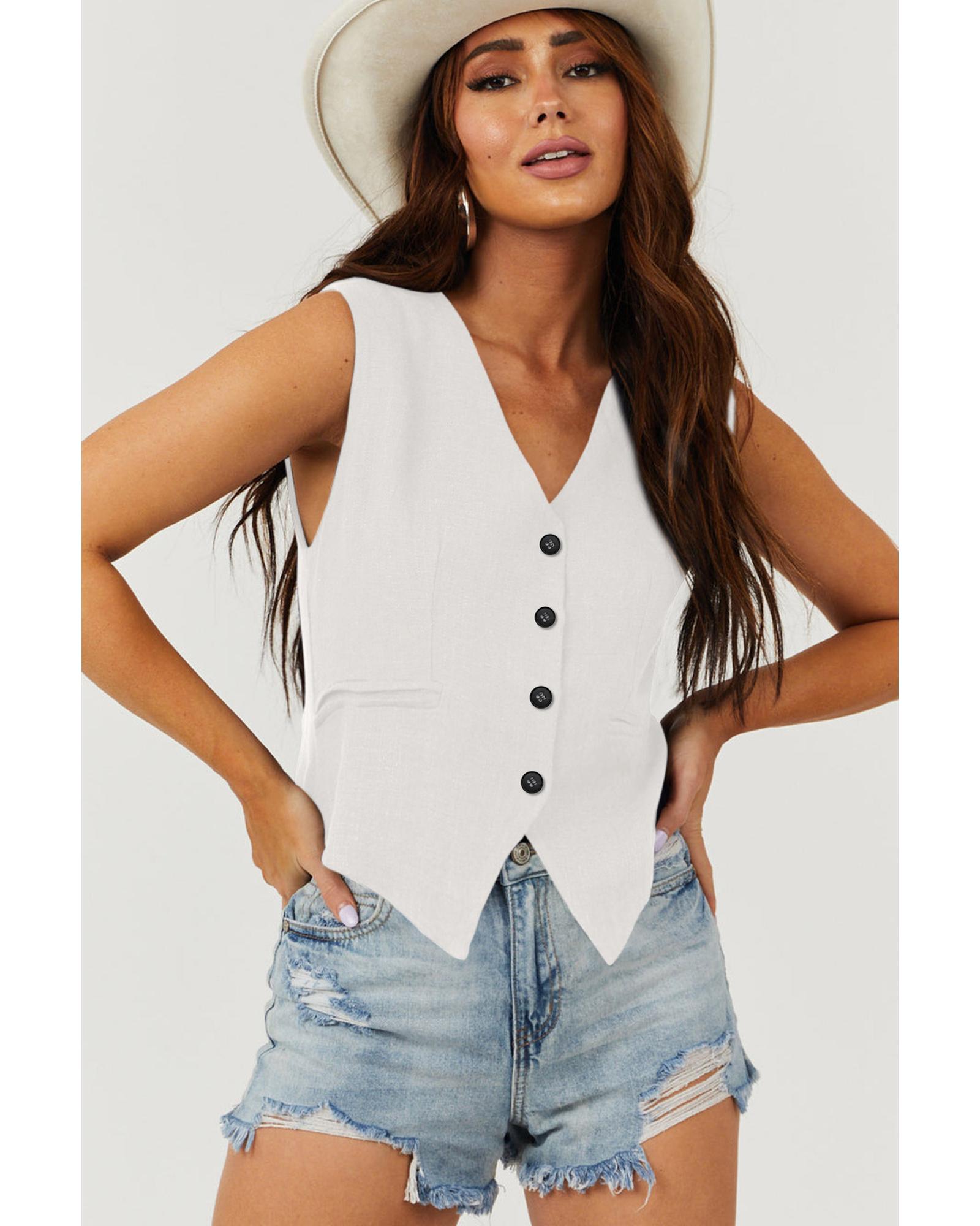 V539-AZEXDC853351-P1-XL-202508300955-00 White Solid Color Button up V Neck Suit Vest - XL - Image 1