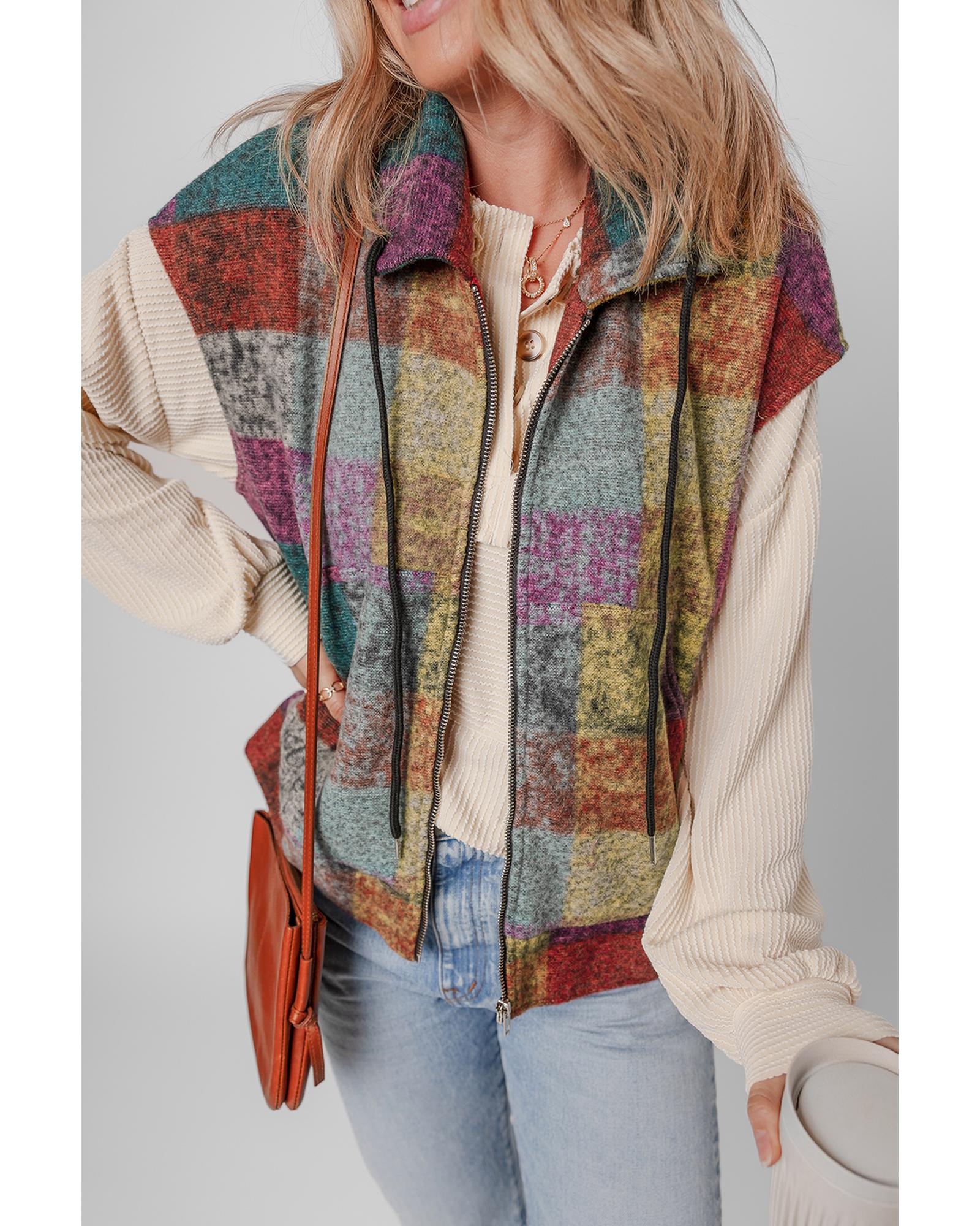 V539-AZEXDC853369-P1022-S-202506151411-00 Multicolor Plaid Print Side Pockets Zipped Loose Vest - S - Image 1