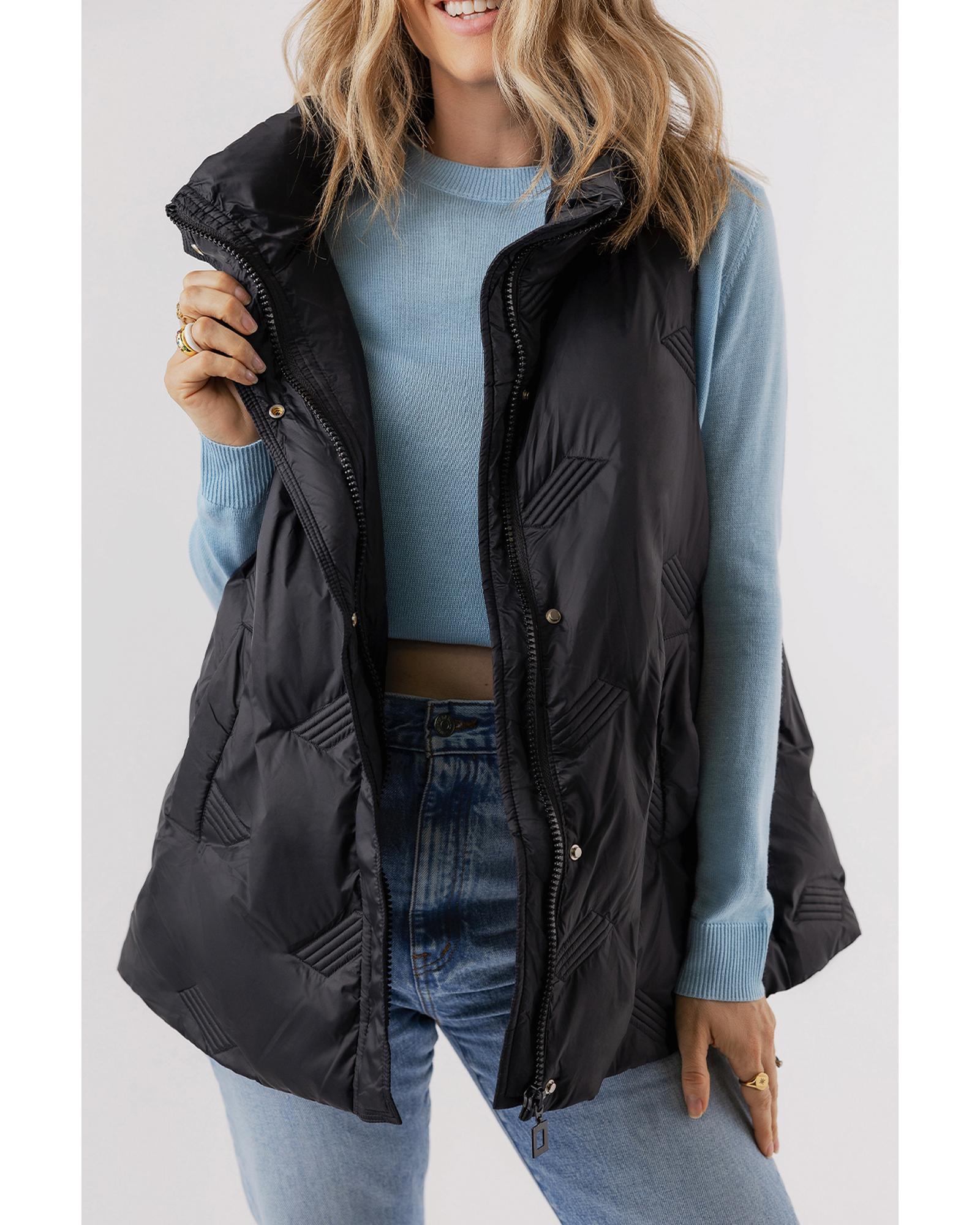 V539-AZEXDC853371-P2-2XL-202508310155-00 Black Quilted High Neck Zip Up Jacket Vest - 2XL - Image 1