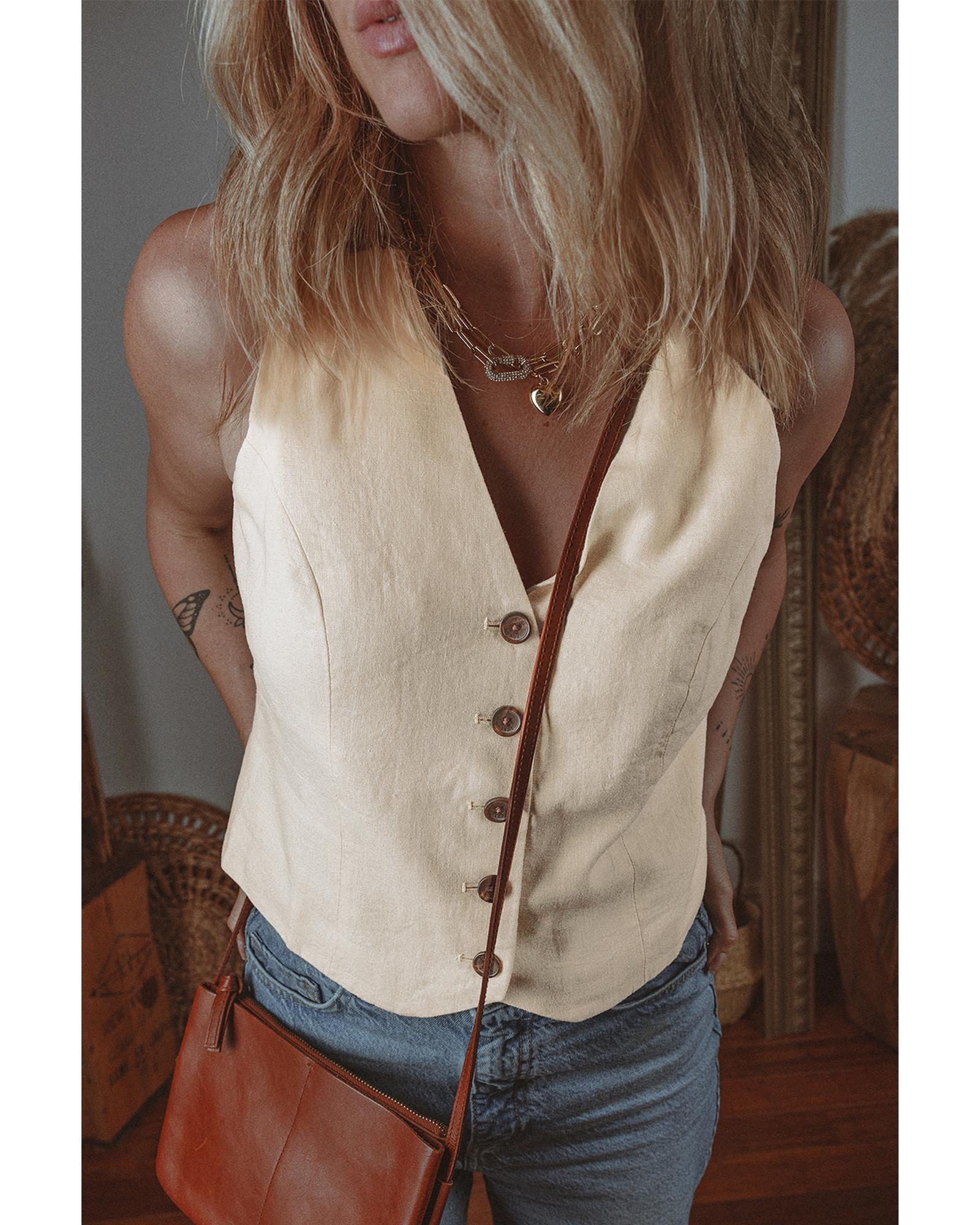 V539-AZEXDC853440-P101-XL-202508302335-00 White Slim Fit Buttoned V Neck Vest - XL - Image 1