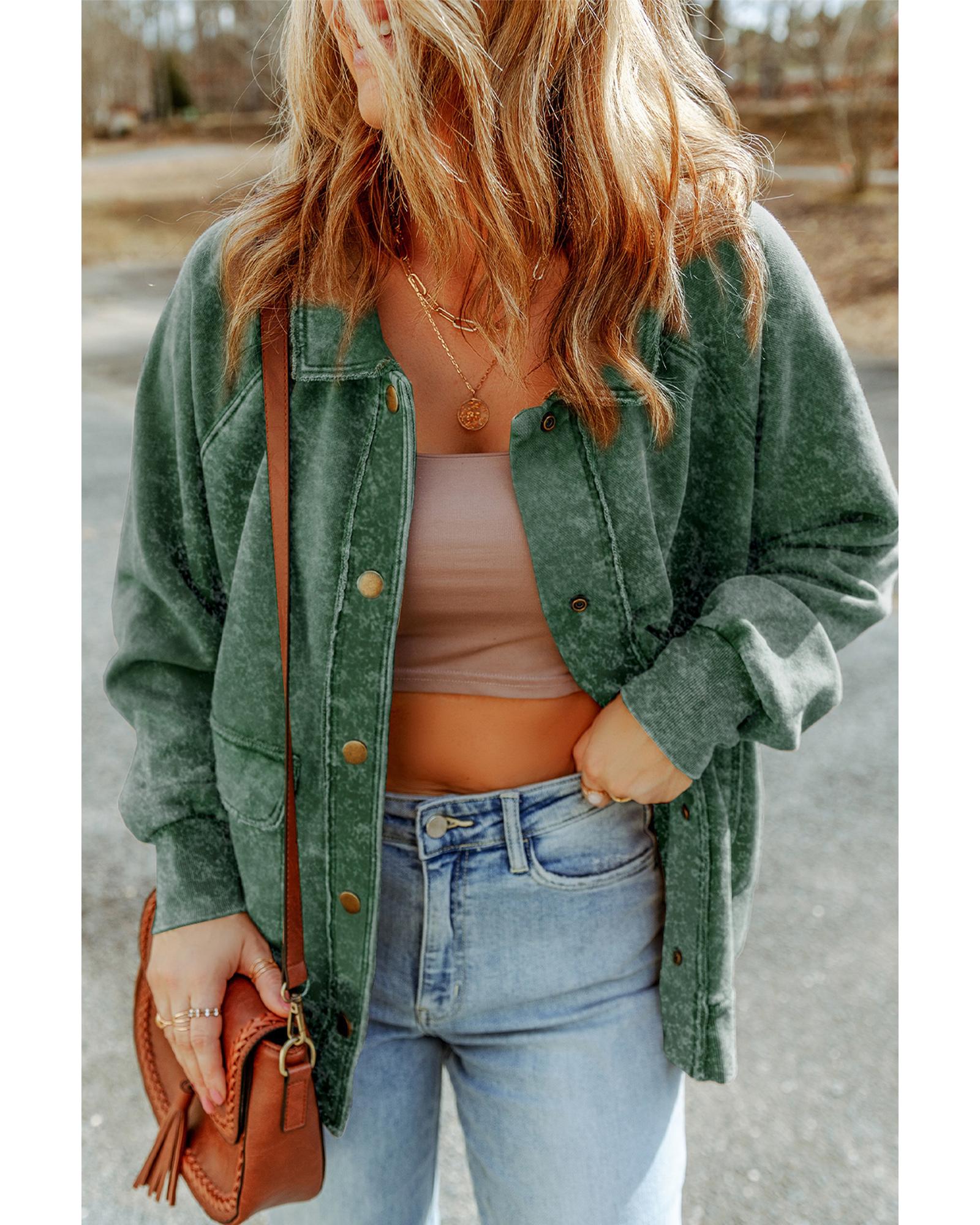 V539-AZEXDC854296-9-2XL-202508292115-00 Green Vintage Washed Flap Pocket Button Shacket - 2XL - Image 1