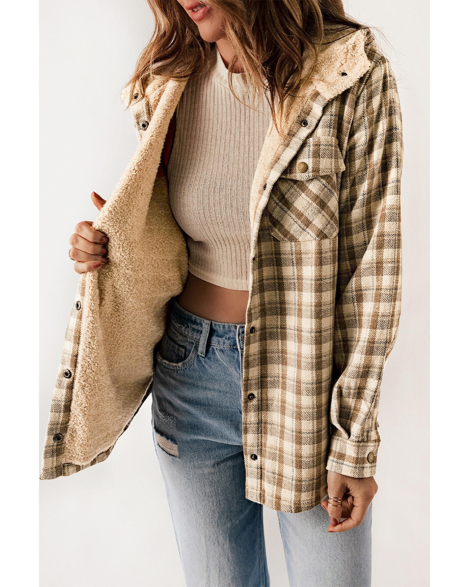 V539-AZEXDC854313-16-XL-202508291355-00 Khaki Plaid Pattern Sherpa Lined Hooded Shacket - XL - Image 1