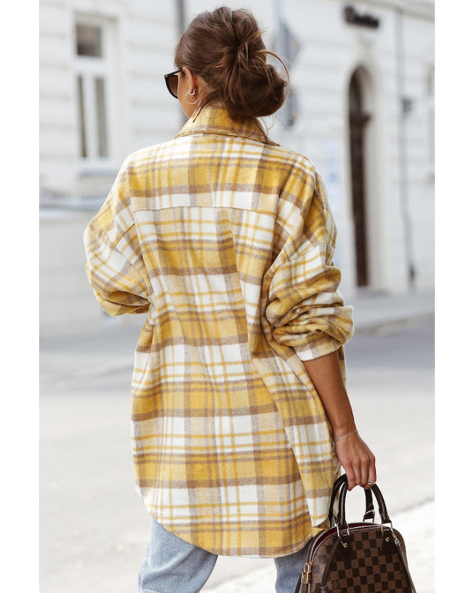 V539-AZEXDC854330-7-S-202506151922-00 Yellow Plaid Flap Pocket Long Sleeve Shacket - S - Image 1