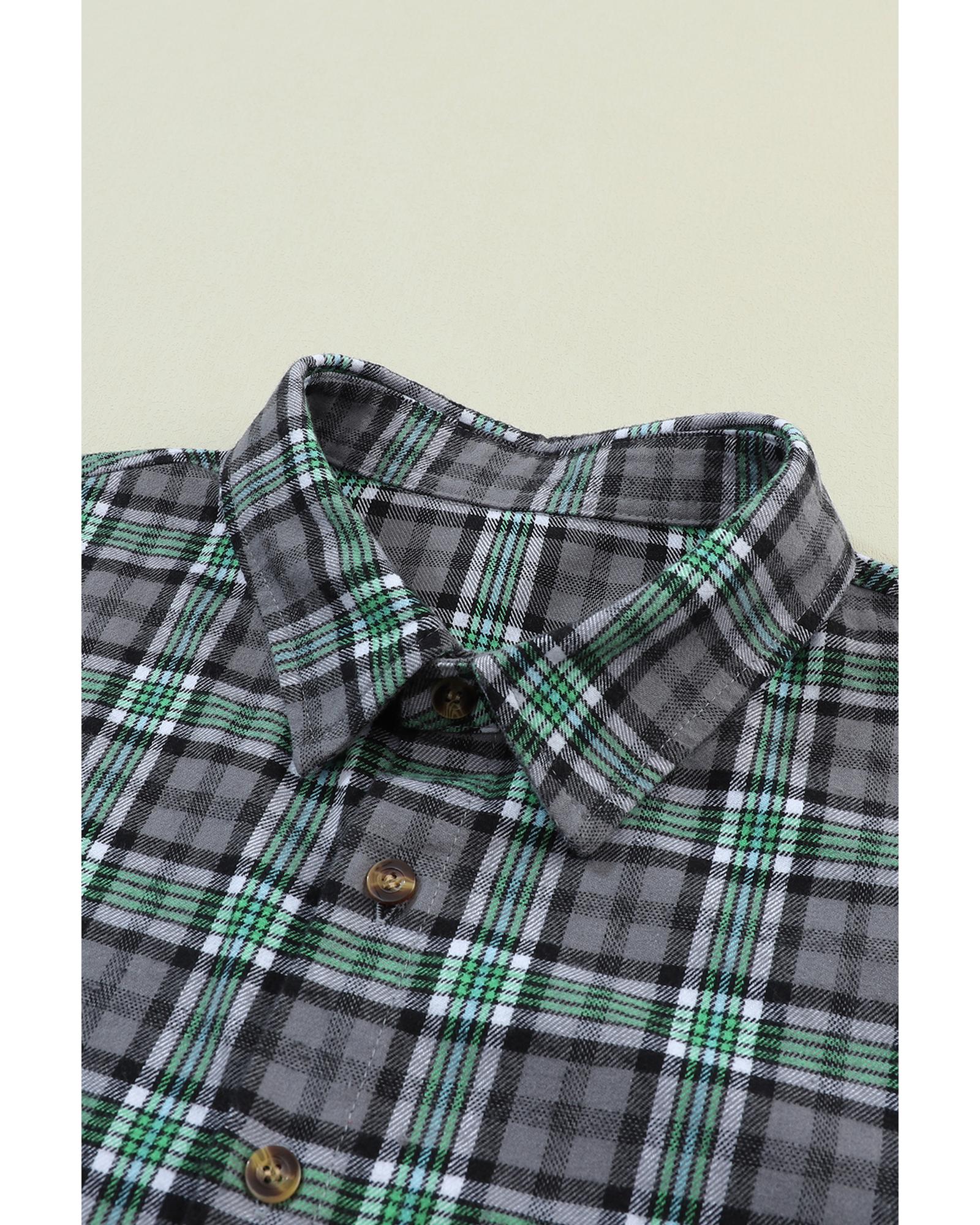 V539-AZEXDC854561-P309-XL-202508302220-00 Blackish Green Contrast Plaid Patchwork Chest Pocket Button up Shacket - XL - Image 1
