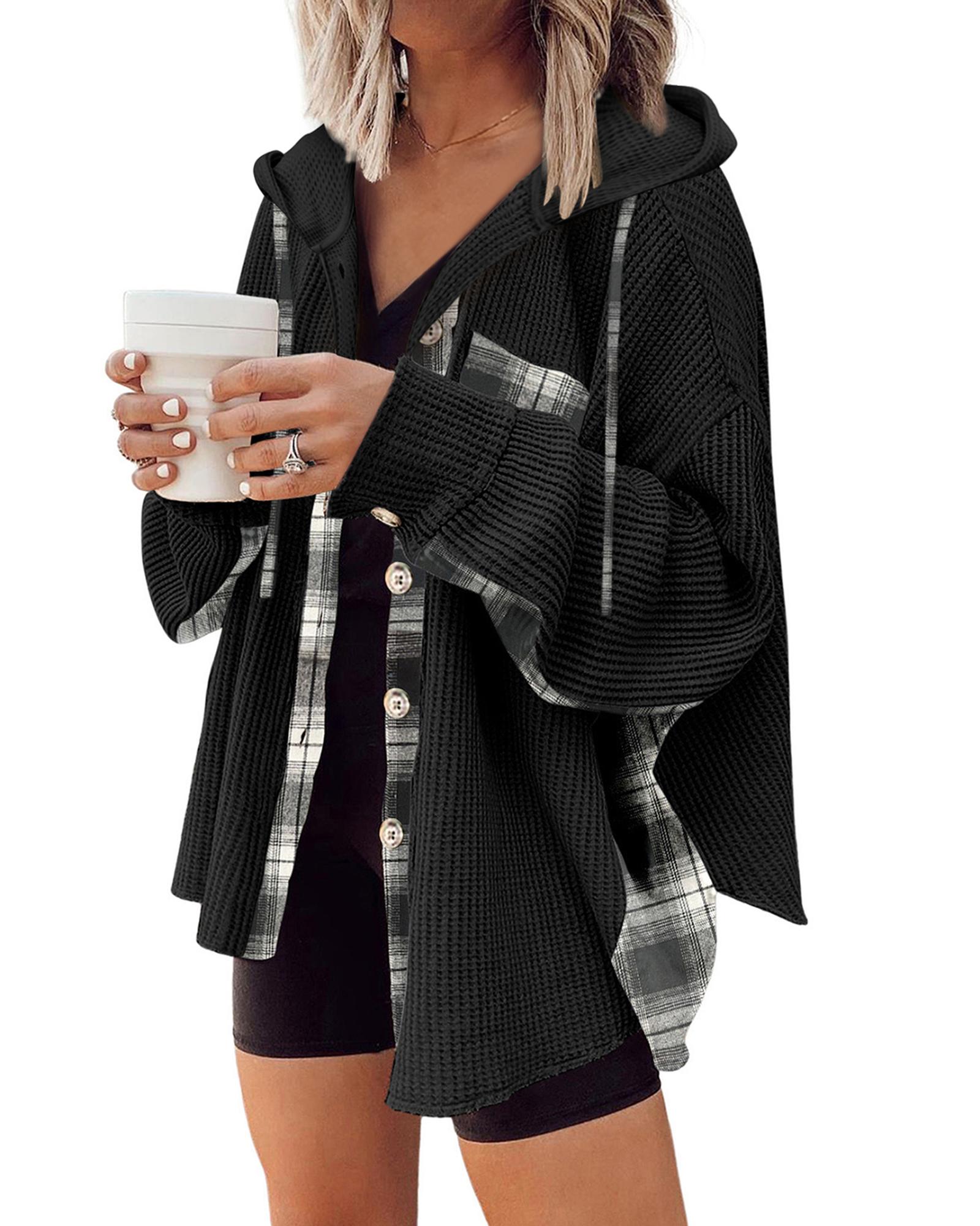 V539-AZEXDC854590-P2-XL-202508300805-00 Black Waffle Knit Plaid Patchwork Drawstring Hooded Shacket - XL - Image 1