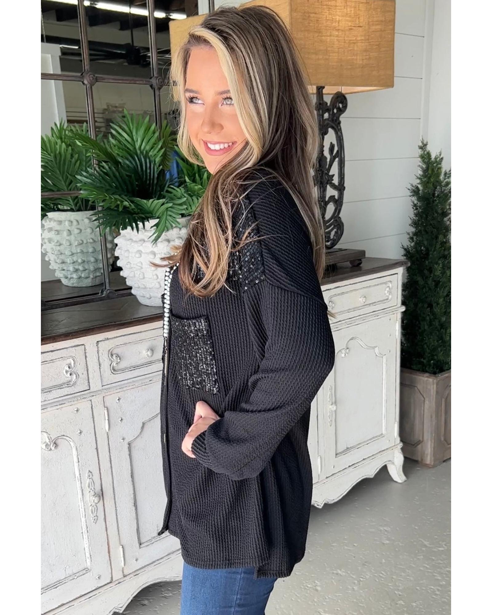 V539-AZEXDC854652-P2-M-202508301625-00 Black Sequin Patch Chest Pocket Corded Shacket - M - Image 1