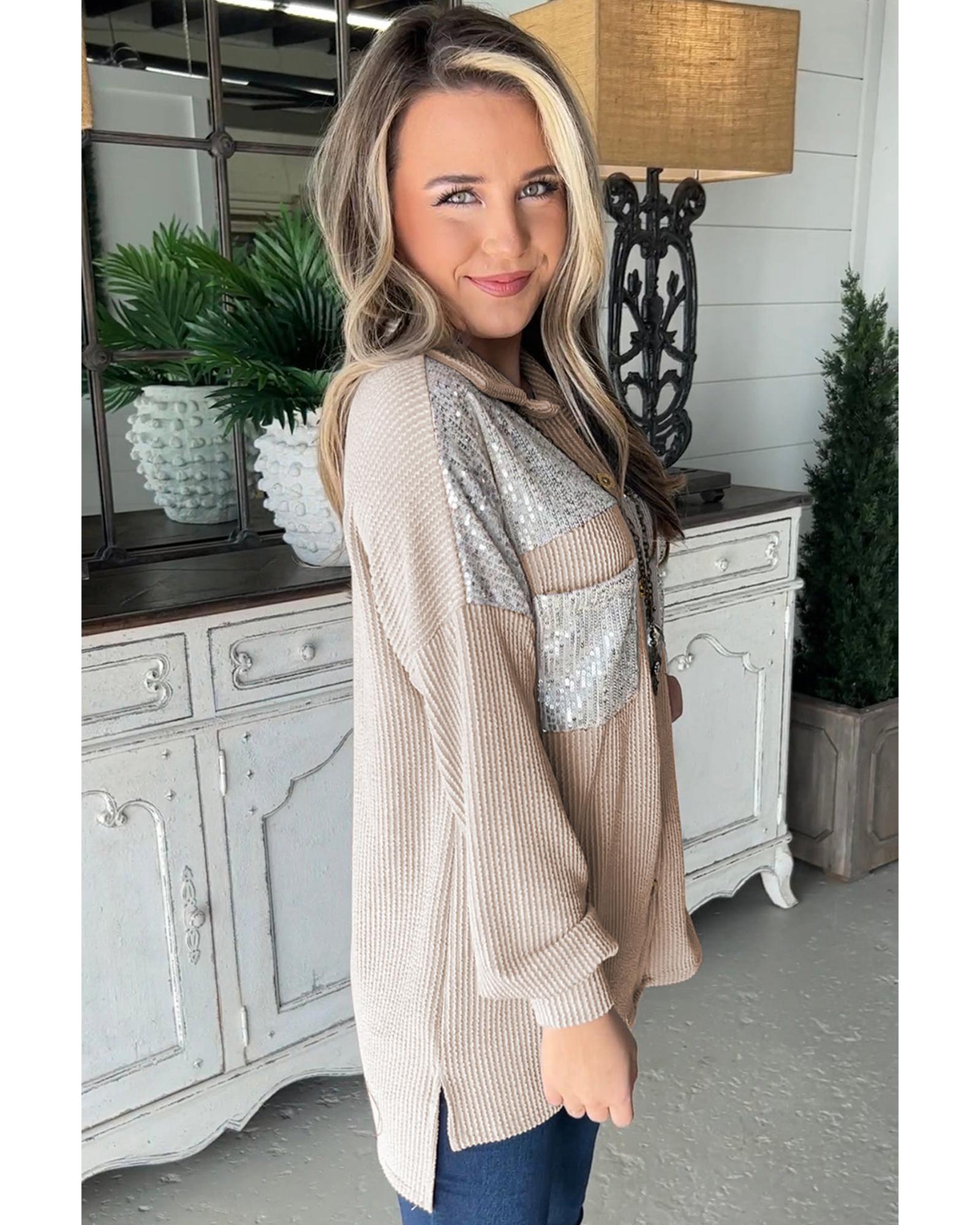 V539-AZEXDC854652-P6016-L-202508301850-00 Parchment Sequin Patch Chest Pocket Corded Shacket - L - Image 1