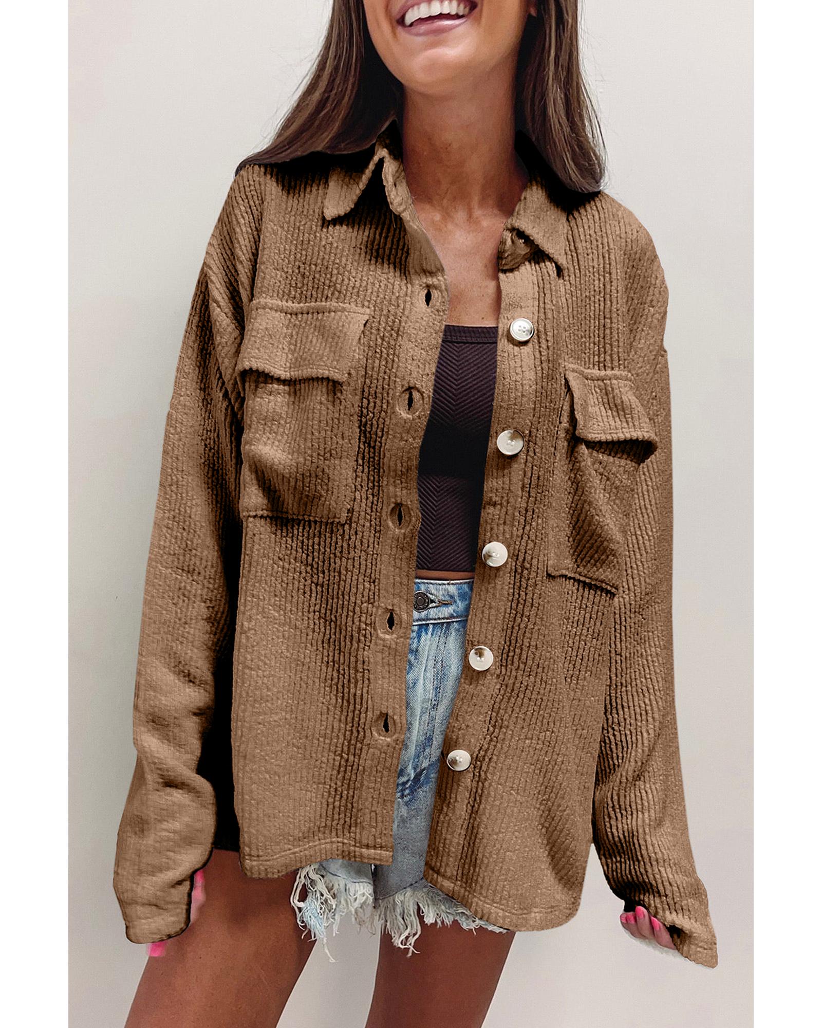 V539-AZEXDC854712-P1117-2XL-202508301435-00 Dark Khaki Solid Color Corduroy Buttoned Long Sleeve Shacket - 2XL - Image 1