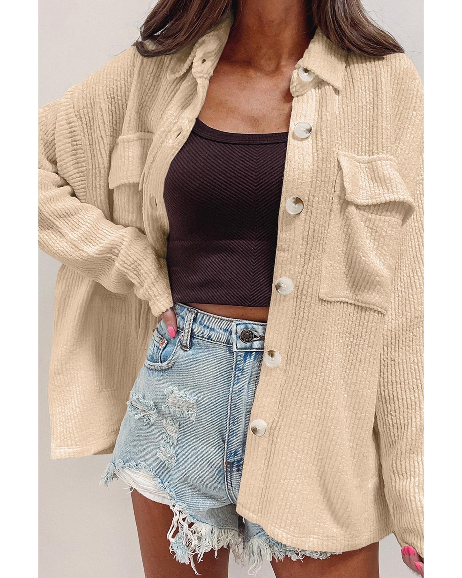 V539-AZEXDC854712-P18-2XL-202508302140-00 Apricot Solid Color Corduroy Buttoned Long Sleeve Shacket - 2XL - Image 1