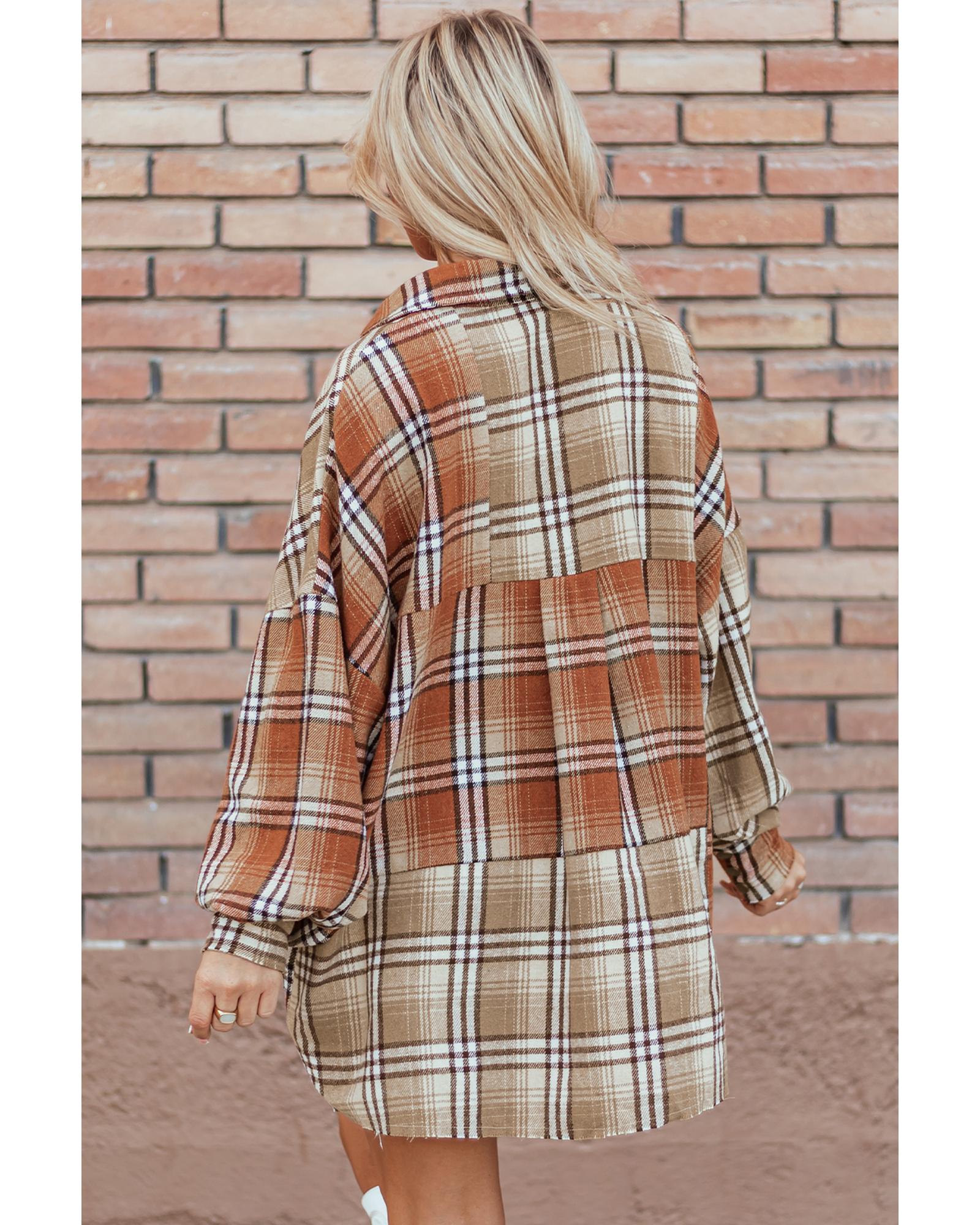 V539-AZEXDC854734-P1622-S-202506181637-00 Khaki Plaid Colorblock Patchwork High Low Shacket - S - Image 1