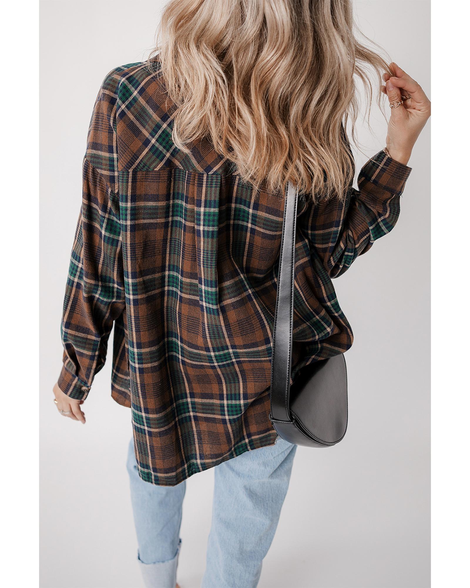 V539-AZEXDC854735-P1722-M-202508310300-00 Brown Plaid Print Chest Pockets Buttoned Shirt Jacket - M - Image 1