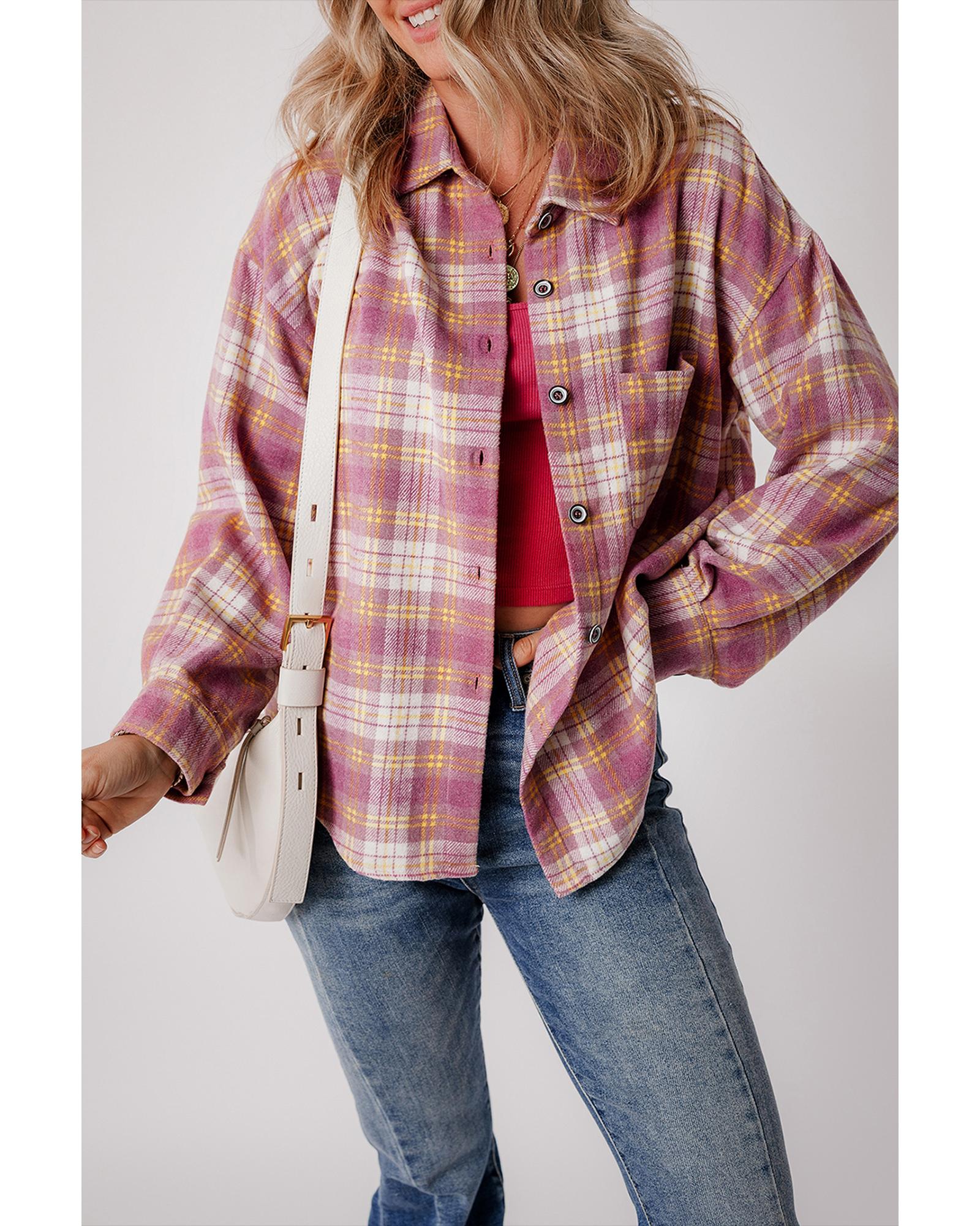 V539-AZEXDC854736-P1022-M-202508310435-00 Pink Plaid Print Chest Pocket Long Sleeve Shacket - M - Image 1