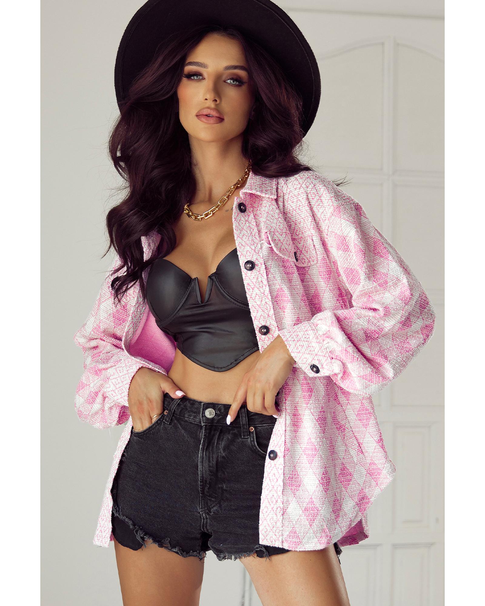 V539-AZEXDC854738-P1210-M-202508310545-00 Delicacy Geometric Print Textured Flap Detail Shacket with Pocket - M - Image 1