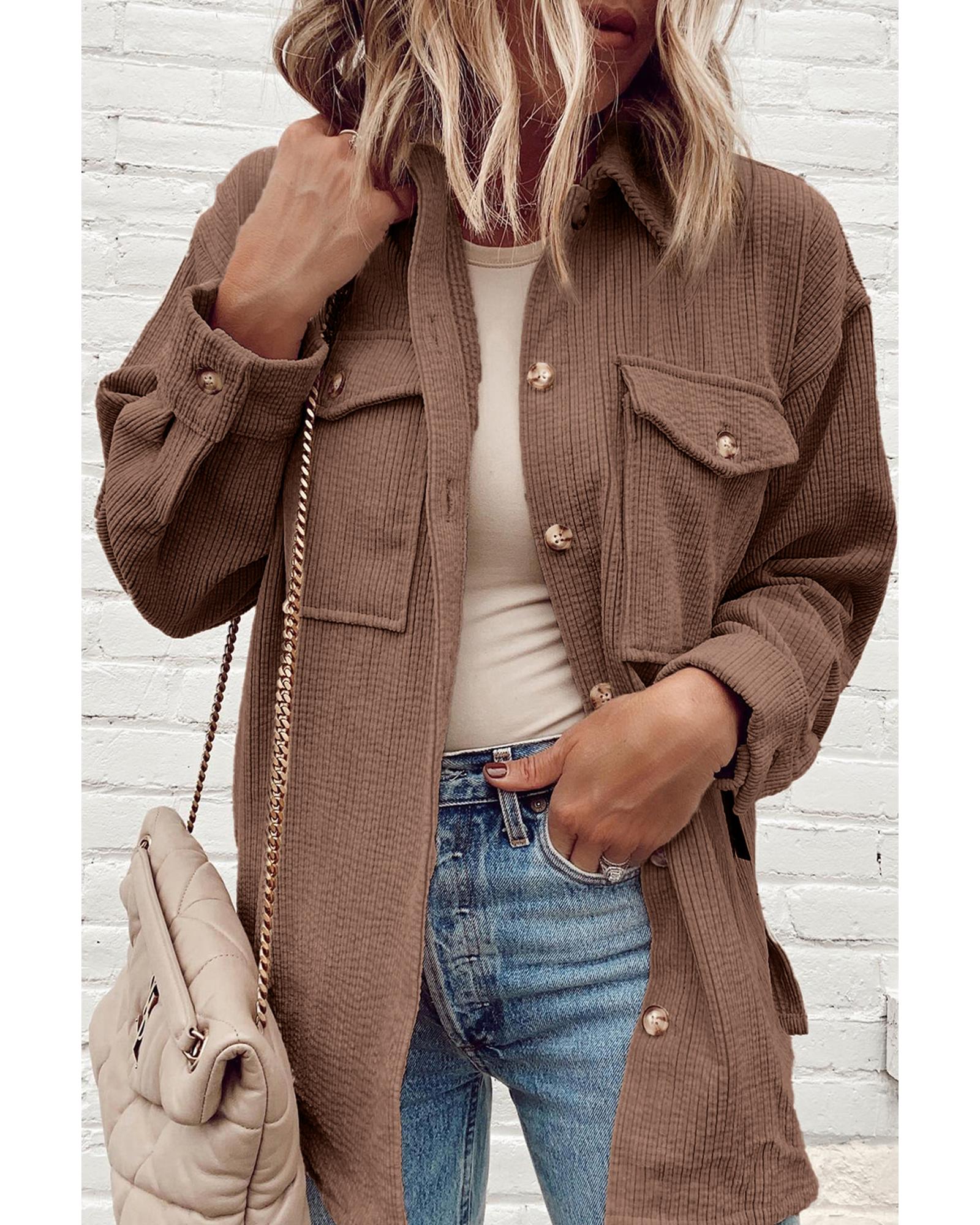 V539-AZEXDC854741-P2017-S-202508311105-00 Chestnut Corduroy Flap Pocket Button Up Shacket - S - Image 1