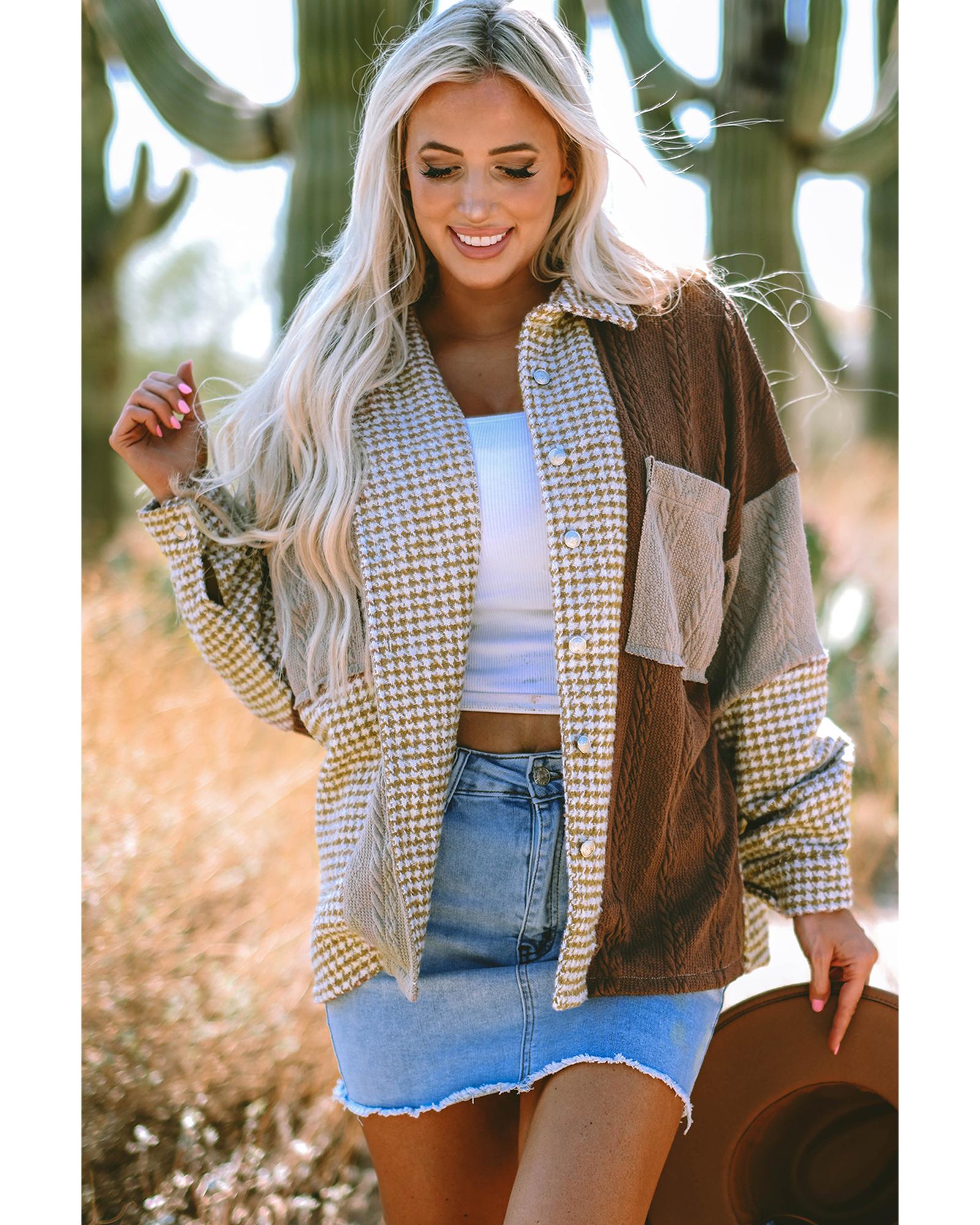 V539-AZEXDC854749-P1622-XL-202508310635-00 Khaki Houndstooth Color Contrast Textured Patchwork Loose Shacket - XL - Image 1